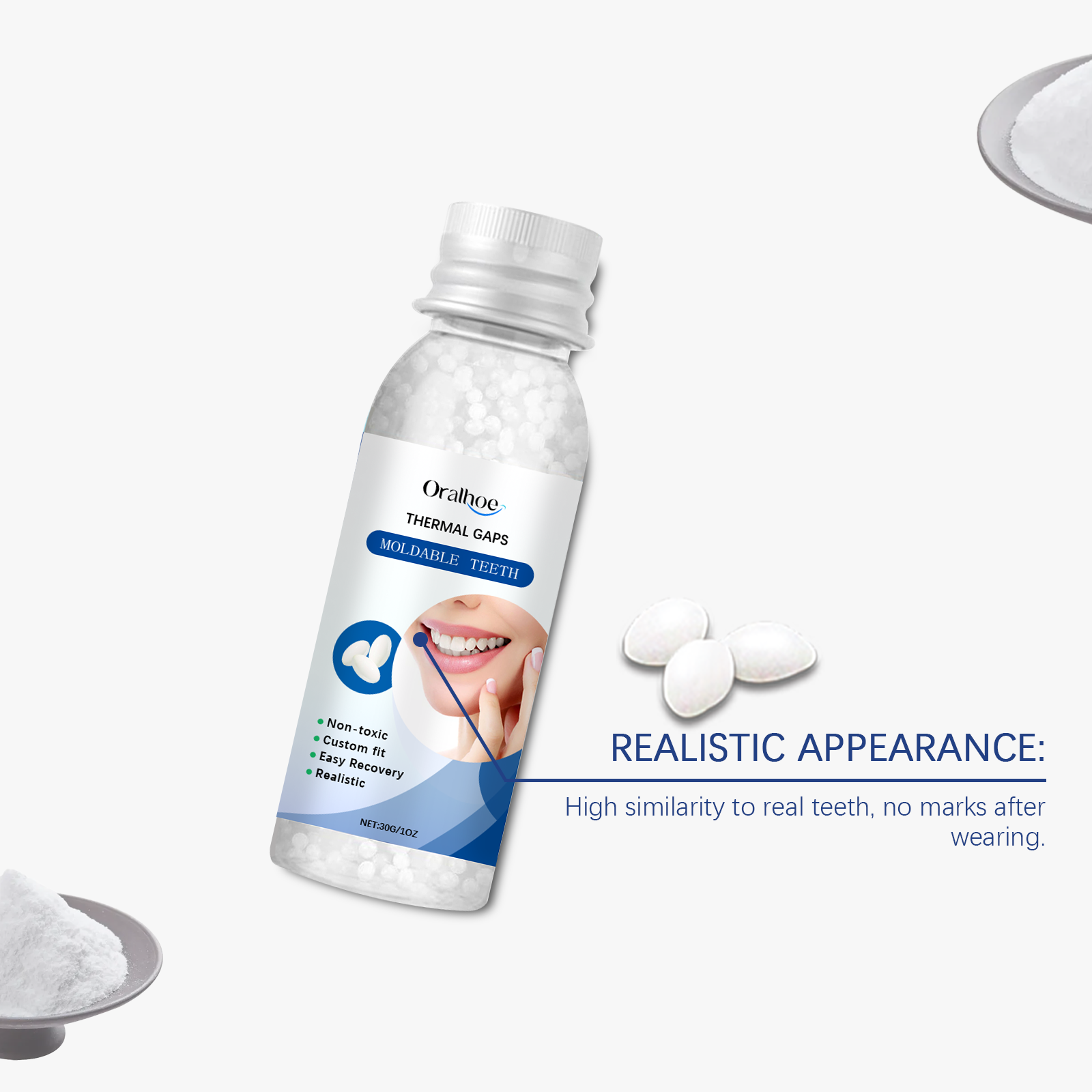 Bottle with molded white thermal pellets and text emphasizing realistic tooth appearance with no marks after wearing
