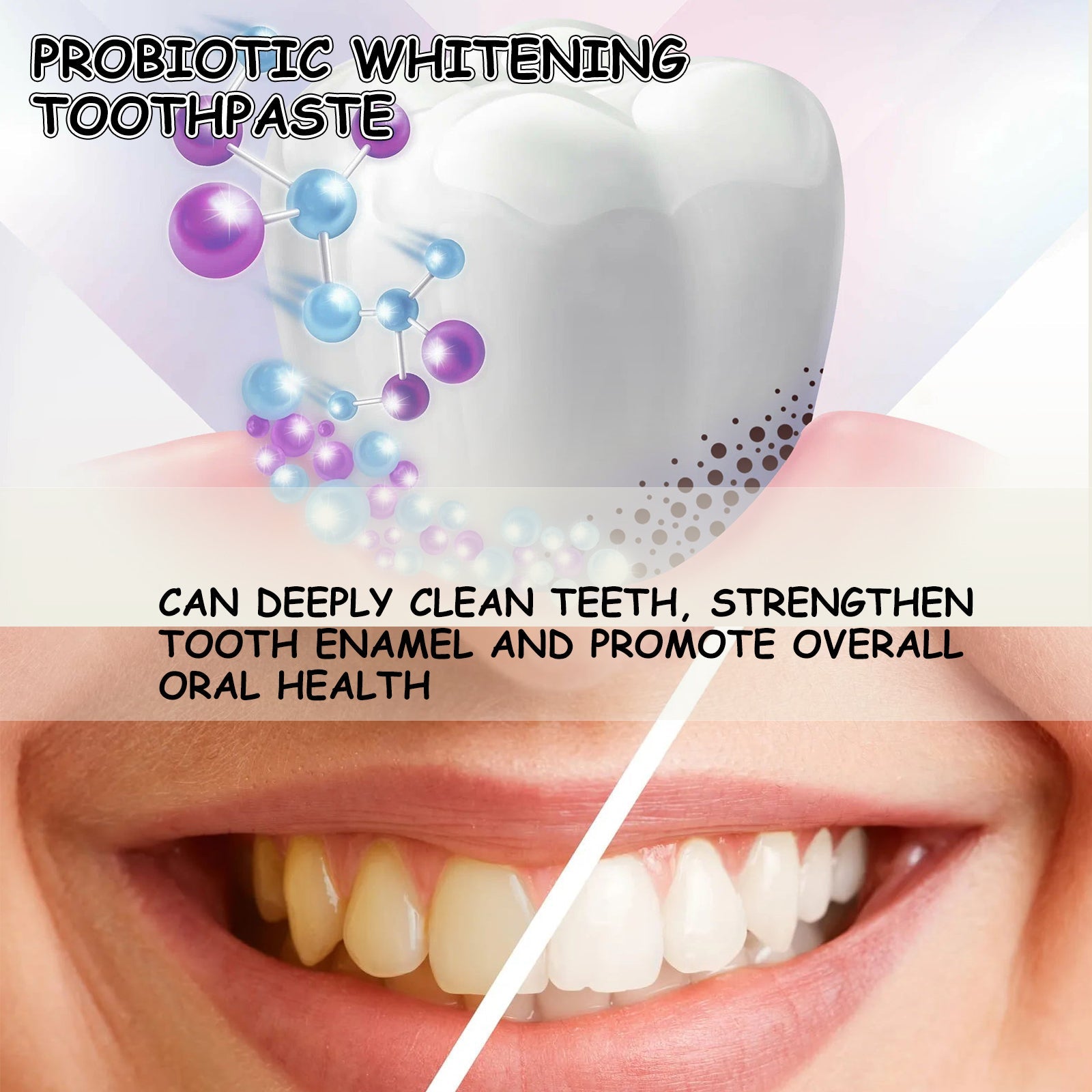 Animated molecular visualization of probiotic and mineral spheres interacting with large tooth model
