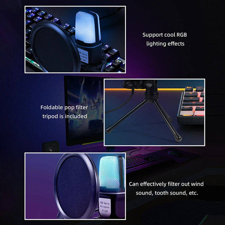 USB Gaming Microphone — 7-Color RGB Condenser Mic with Pop
