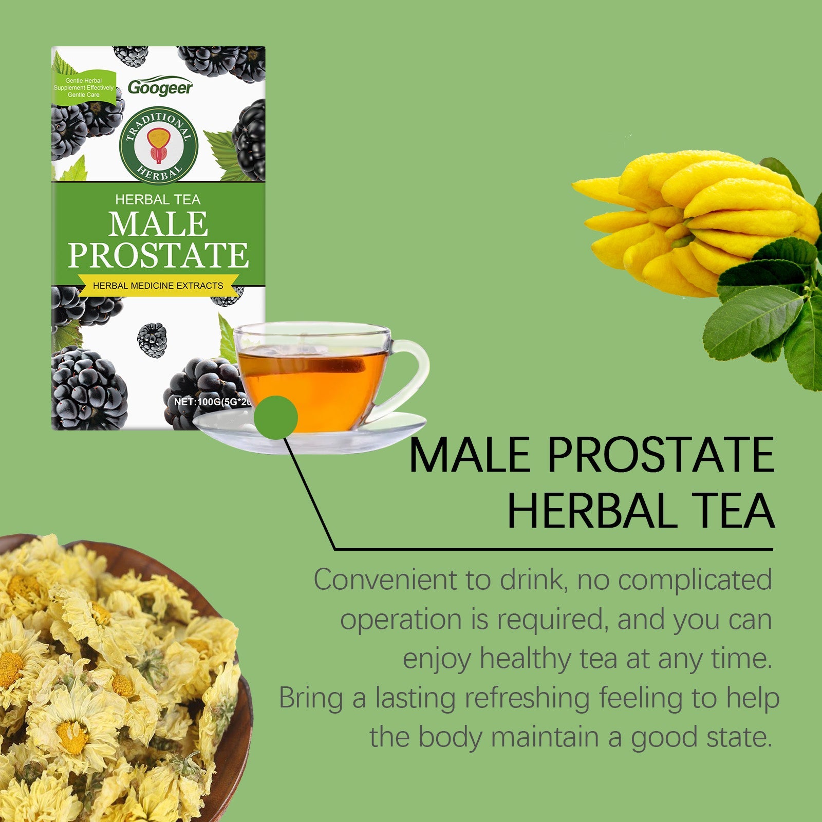 Product packaging with brewed tea, bright yellow flower and chamomile imagery on green background