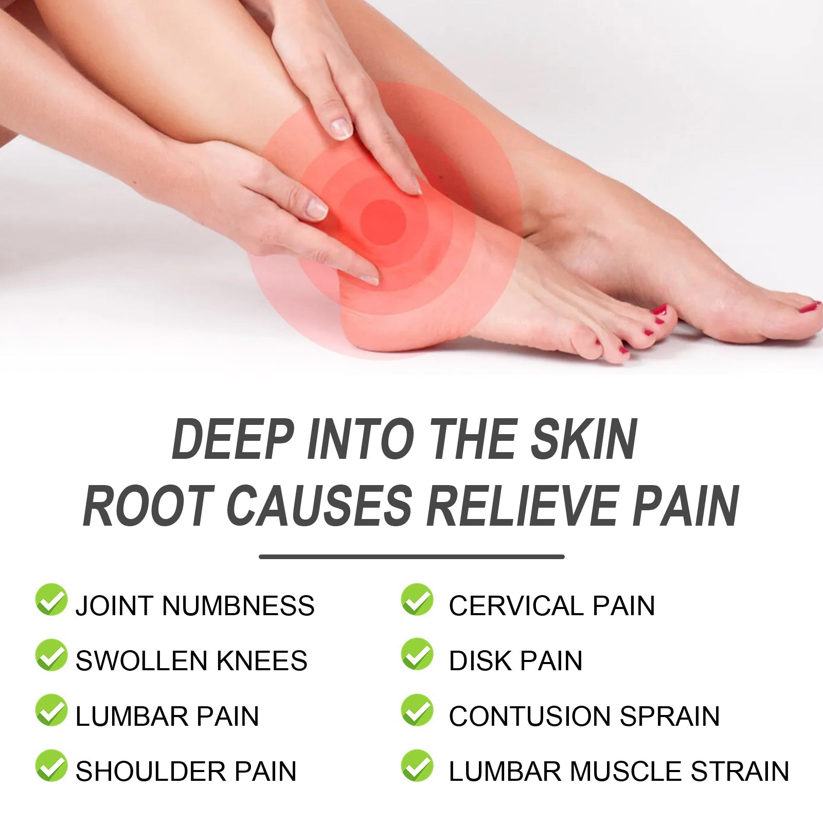 Female foot and leg with glowing red heat map showing pain zones and text listing relief benefits for eight conditions