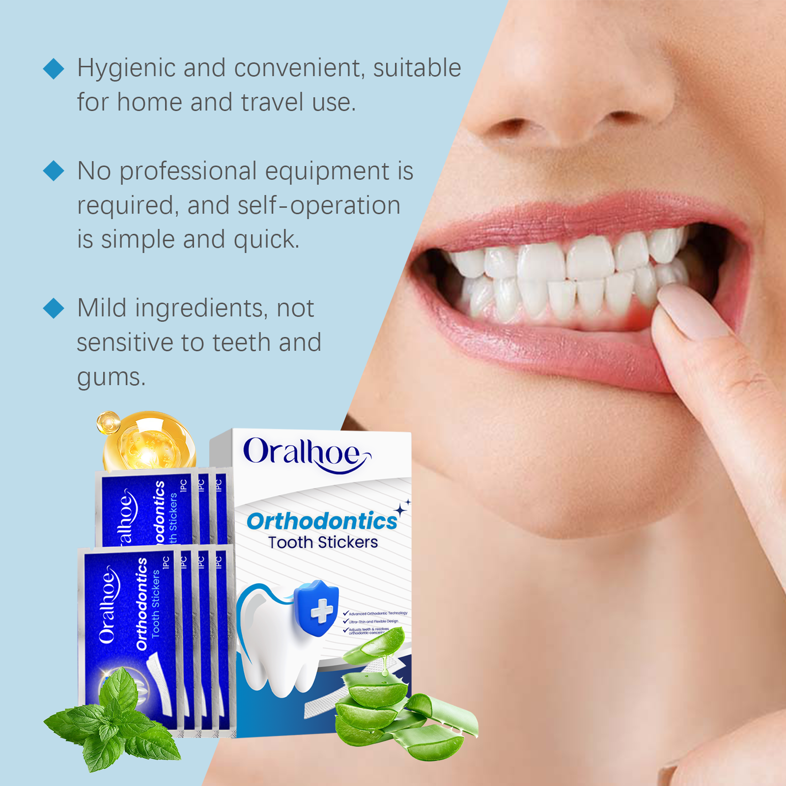 Product in use on teeth with bullet points about hygiene, ease of use, and mild ingredients; botanicals and golden serum visible