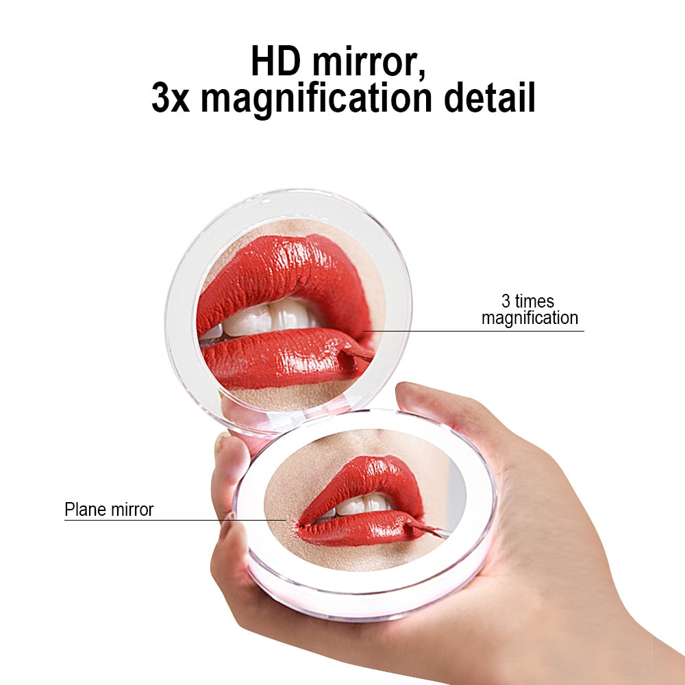 Close-up demonstration of HD mirror magnification with red lipstick application shown in dual view