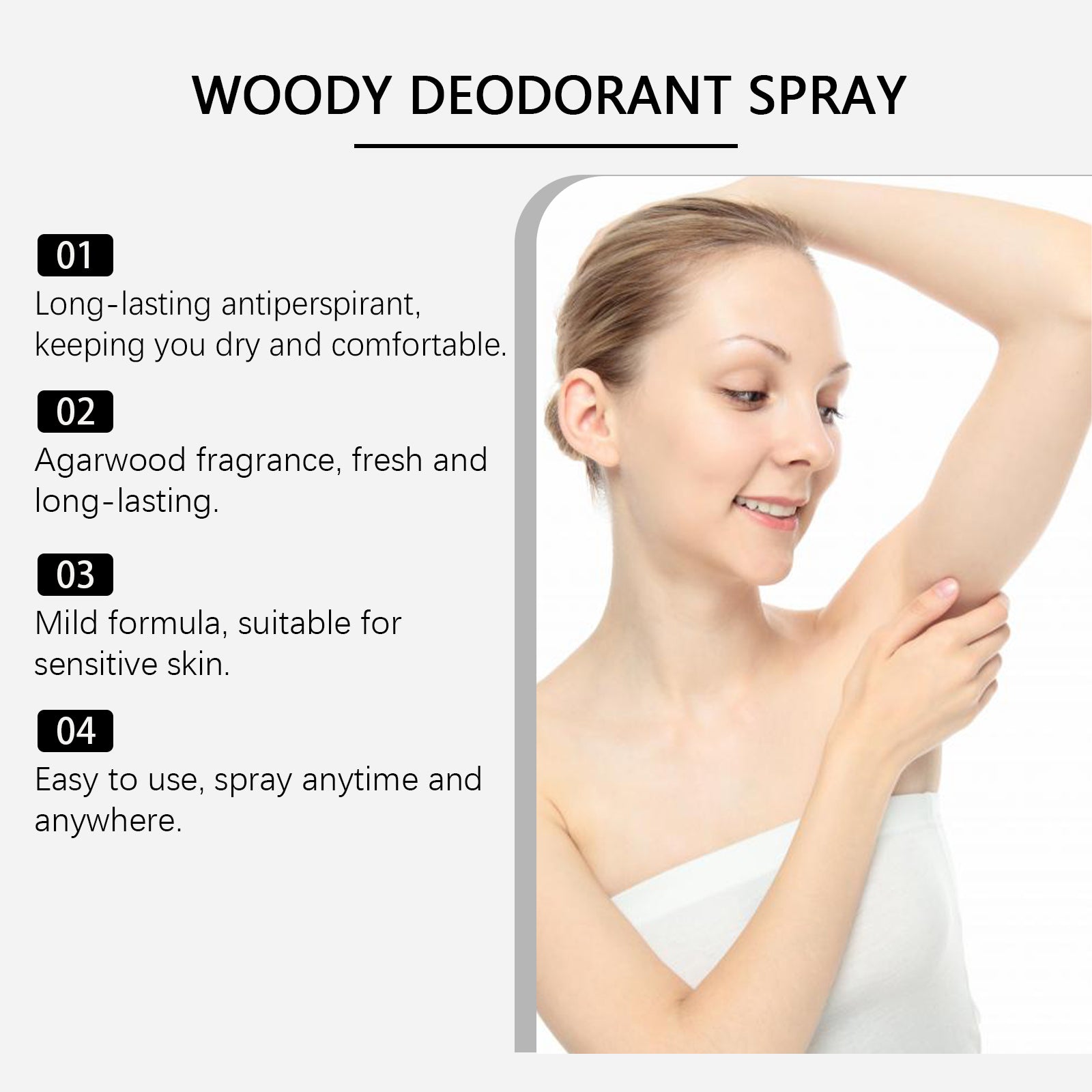 Woman showing underarm area with text callouts for 'Long-lasting Antiperspirant' and 'Agarwood Fragrance' benefits