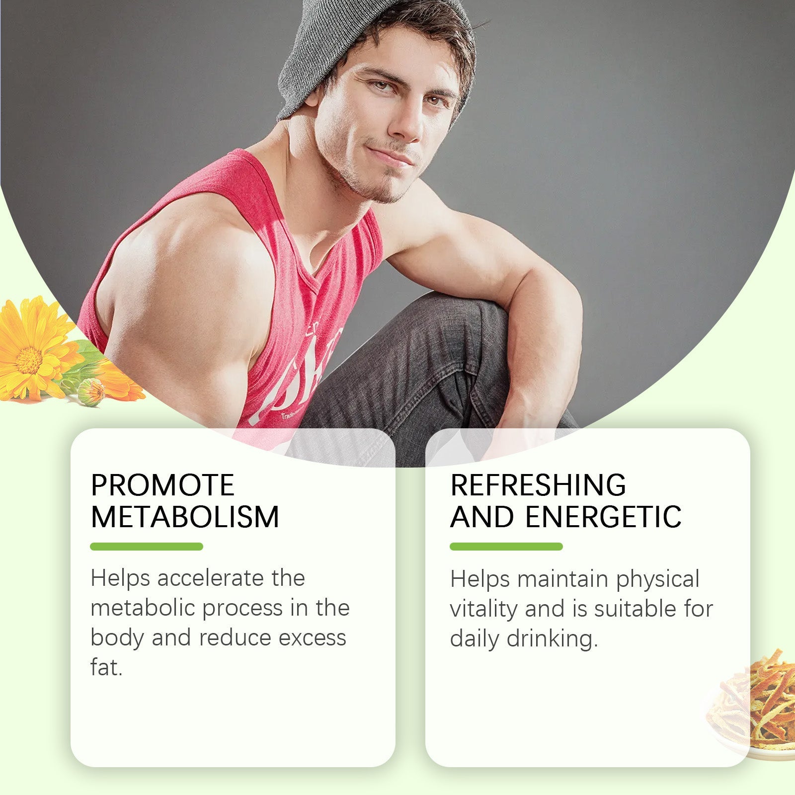 Male athlete in pink tank and beanie with sunflower botanical elements and two benefit cards highlighting 'Promote Metabolism' and 'Refreshing and Energetic'