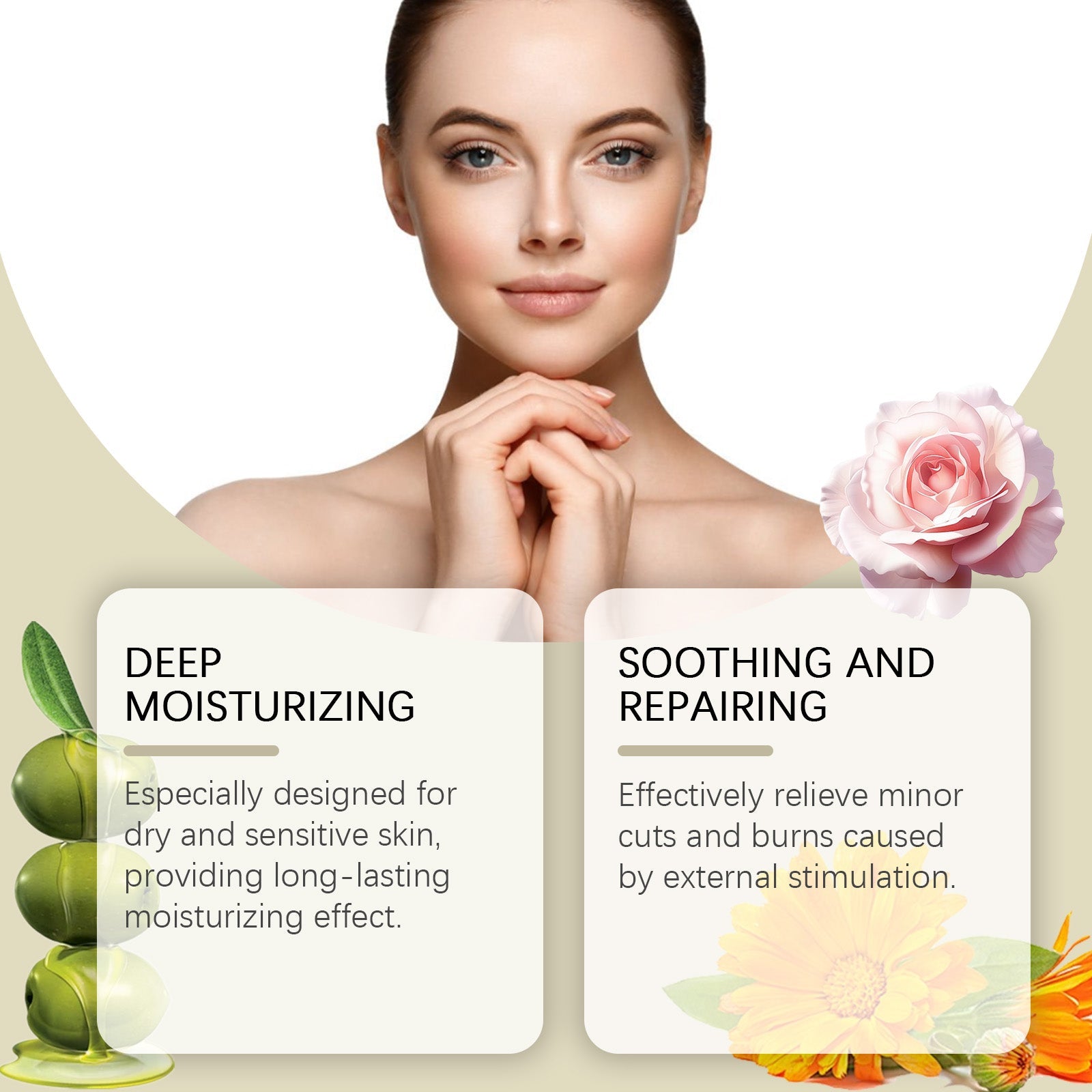 Woman with clear, calm complexion framed by botanical elements; two benefit cards showing 'DEEP MOISTURIZING' and 'SOOTHING AND REPAIRING' with green apples and golden sunflower imagery