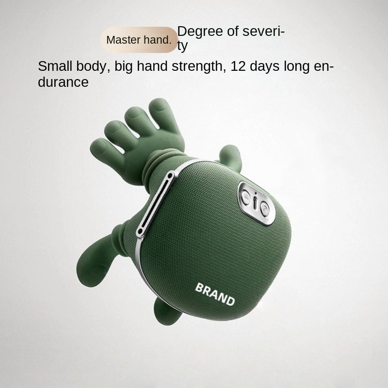 Product overview showing compact spherical form with control buttons, fabric strap, and brand branding