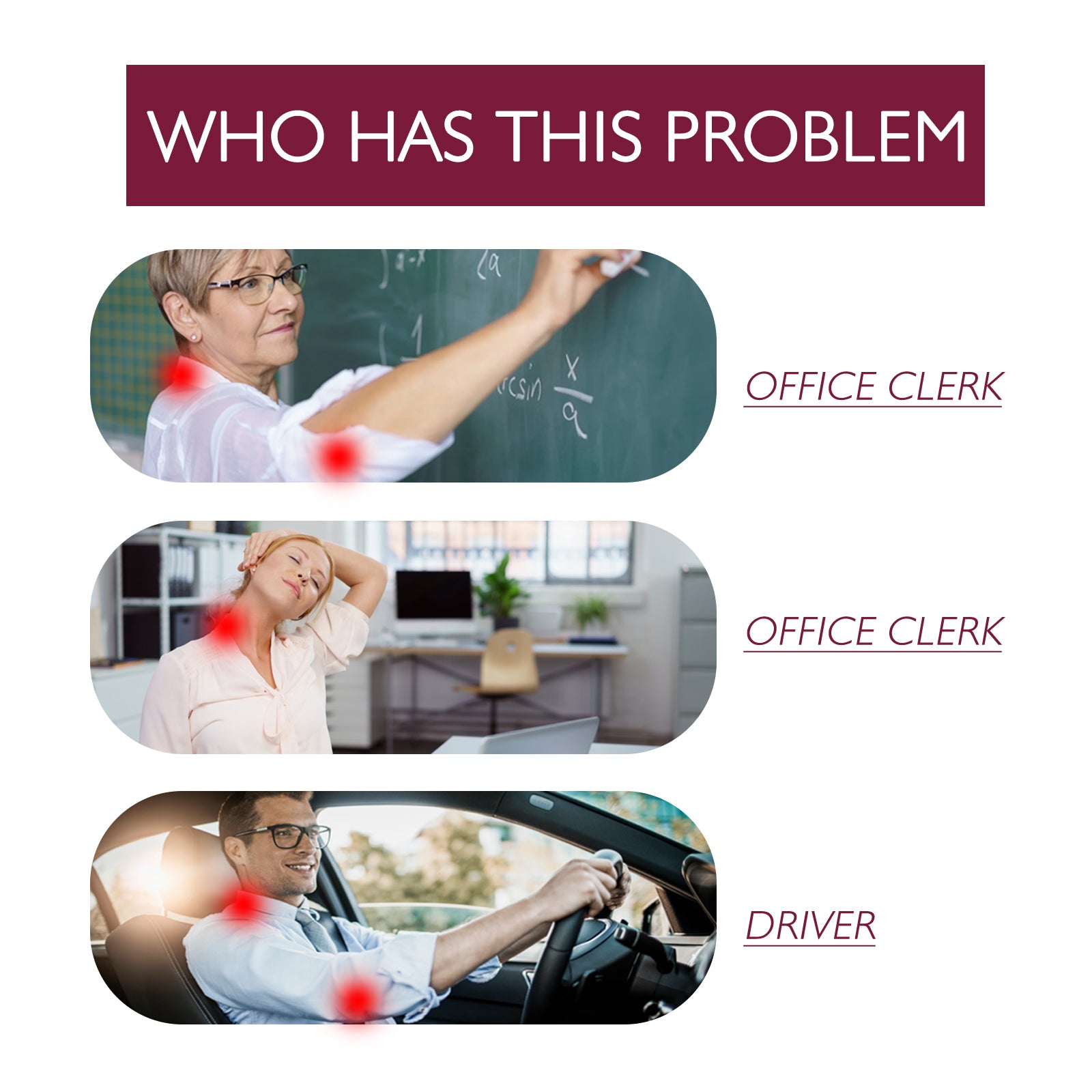 Three scenarios showing target users experiencing joint pain: office clerk at desk, female office worker with neck strain, male driver holding steering wheel with pain zones highlighted in red