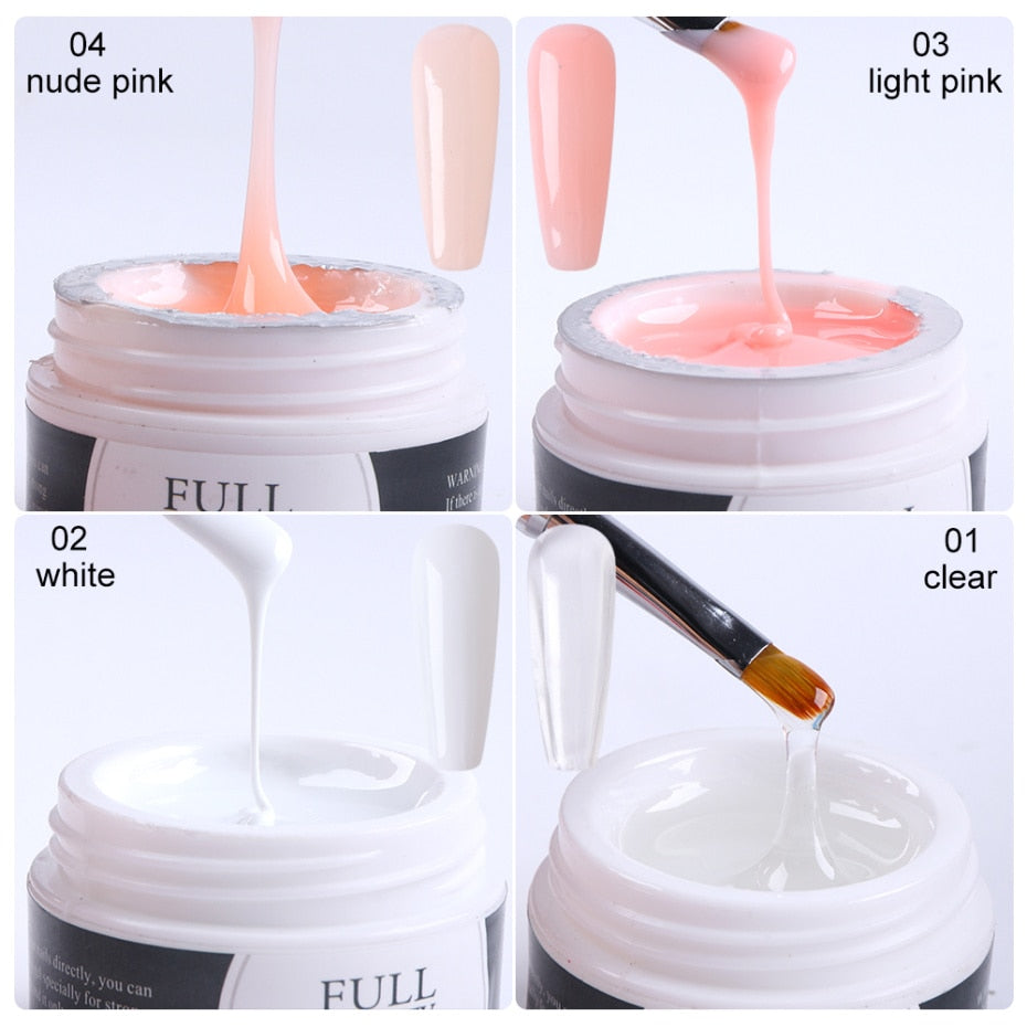 Close-up of gel jar with Light Pink 03 shade swatch showing glossy, self-leveling consistency