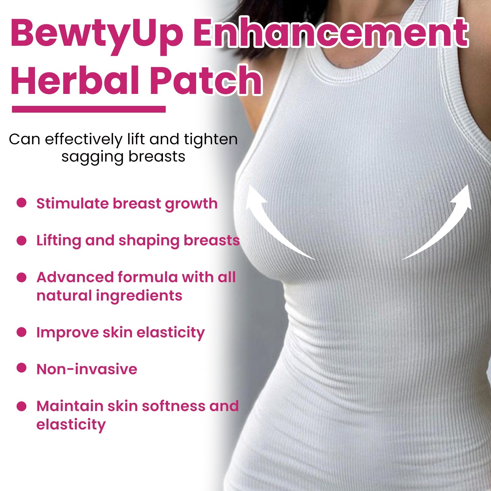 Comprehensive benefits layout with product, claims list, and lifestyle imagery of enhanced chest
