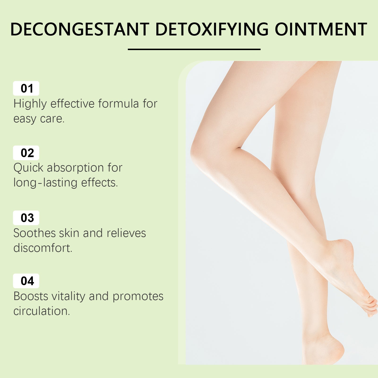 Woman's smooth legs with two white benefit cards stating 'Quick Absorption' and 'Promote Circulation' alongside texture elements