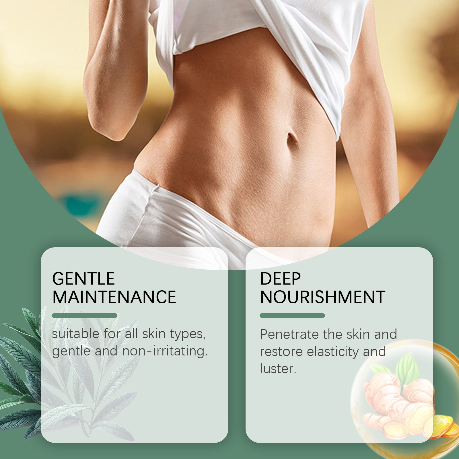 Woman holding lower back with red inflammation highlight overlaid on top; product packaging shown below with decorative green wave design