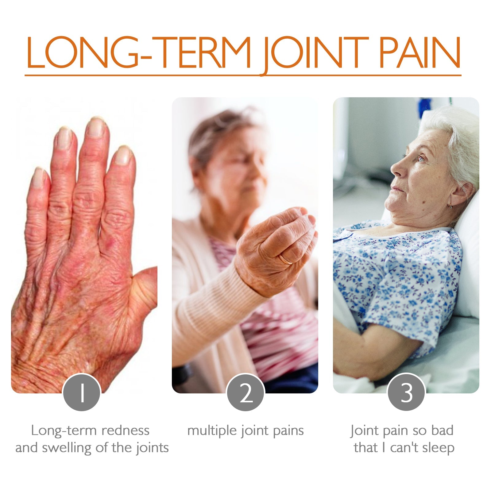 Three-panel image showing long-term joint pain symptoms: arthritic hand redness, multiple joint pain, sleep disruption from joint pain