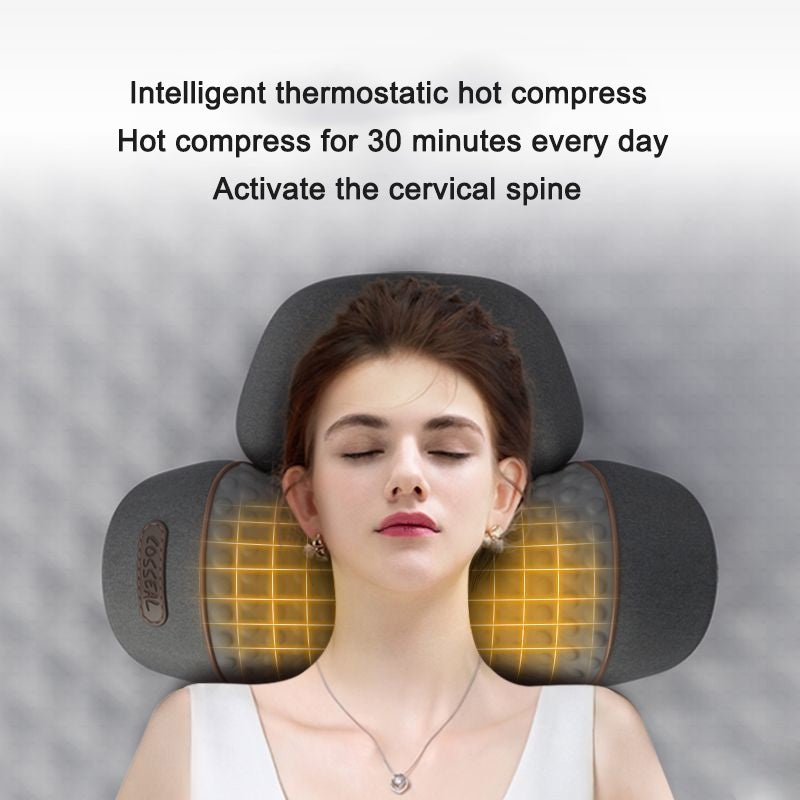 Pillow with precise dimensions labeled and three circular feature demonstrations showing traction lifting, vibration massage, and heat compress applications