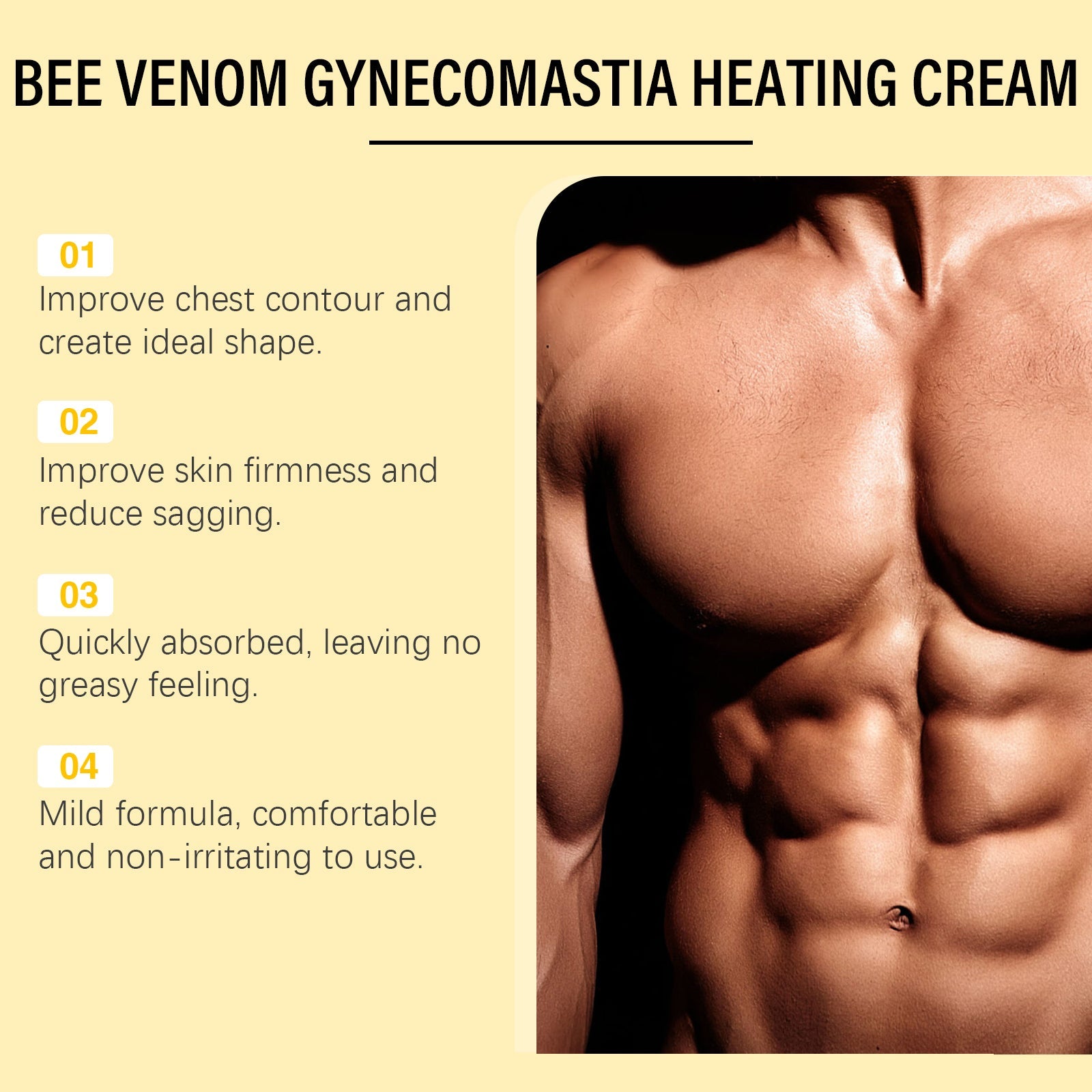 Four numbered benefit claims with close-up chest imagery showing improved definition and firmness