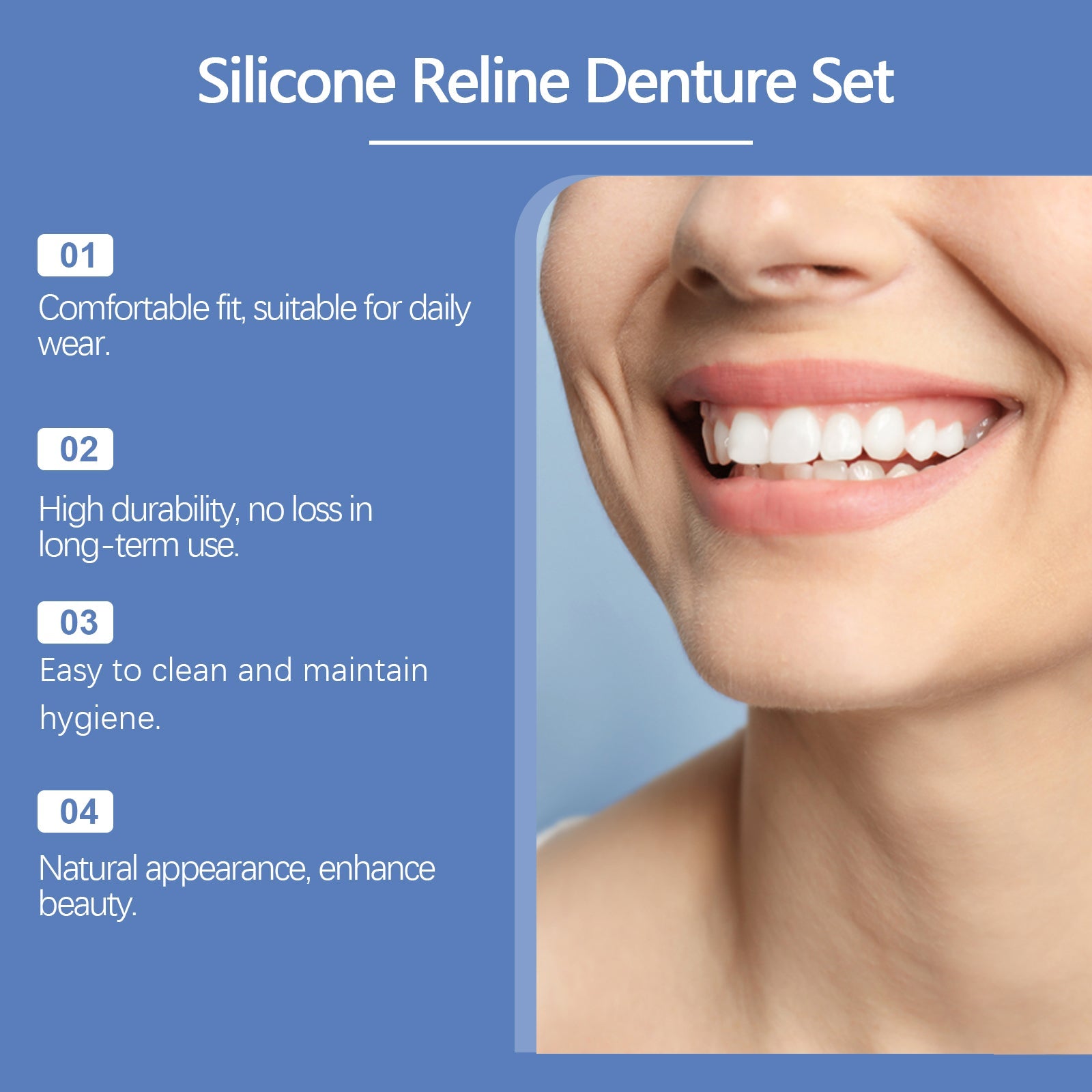 Silicone Reline Denture Set product details with four numbered benefits and smile lifestyle image