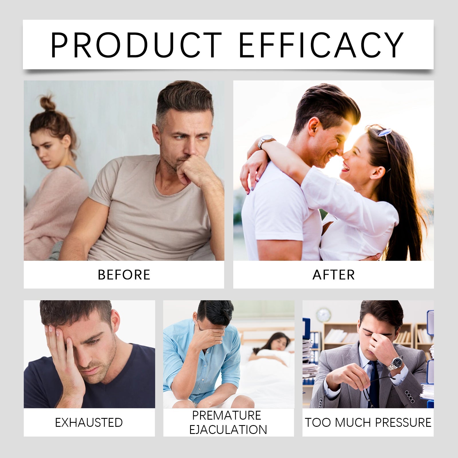 Product efficacy comparison showing before symptoms and after romantic success