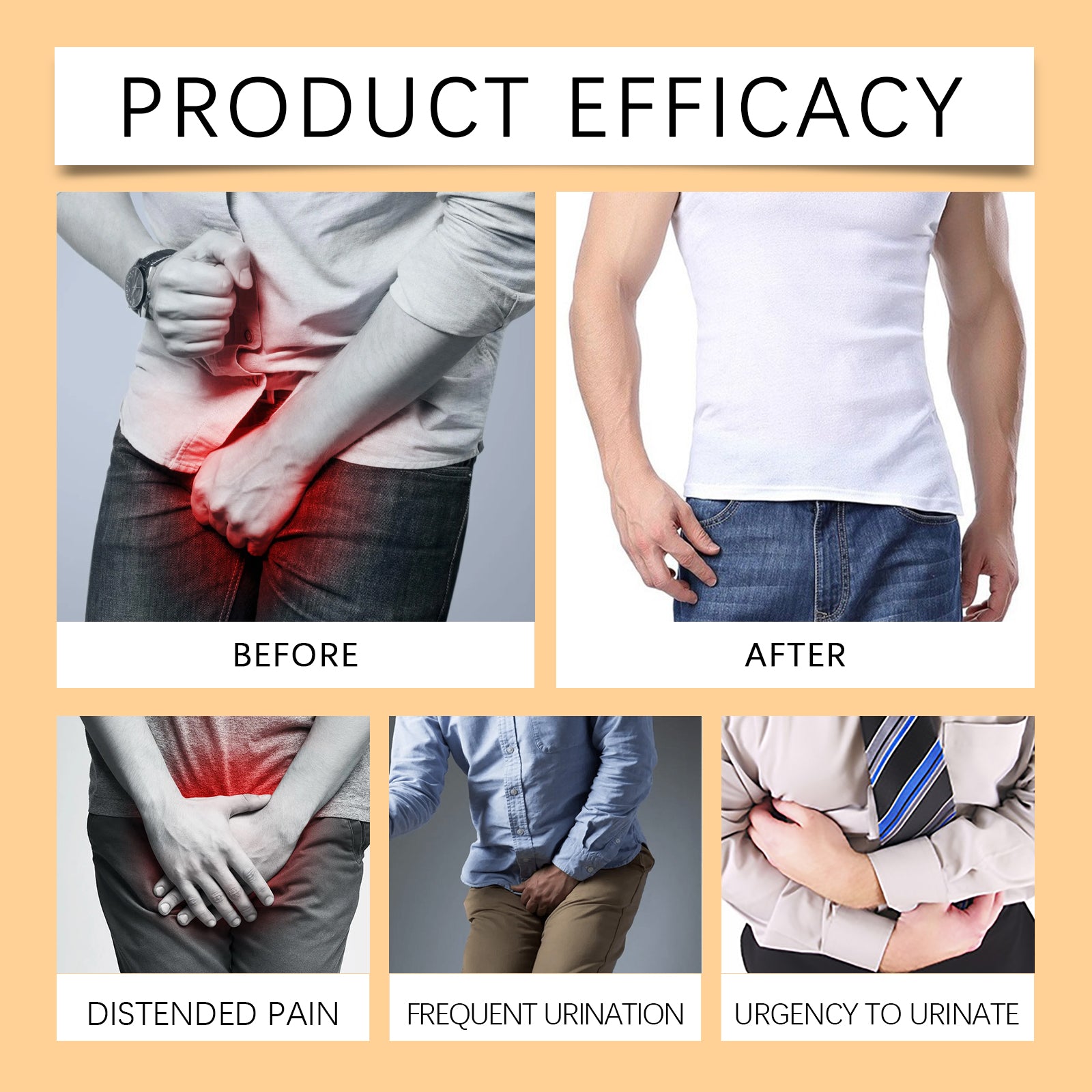 Before/after facial and body comfort transformation showing man's relief progression from discomfort to relaxation