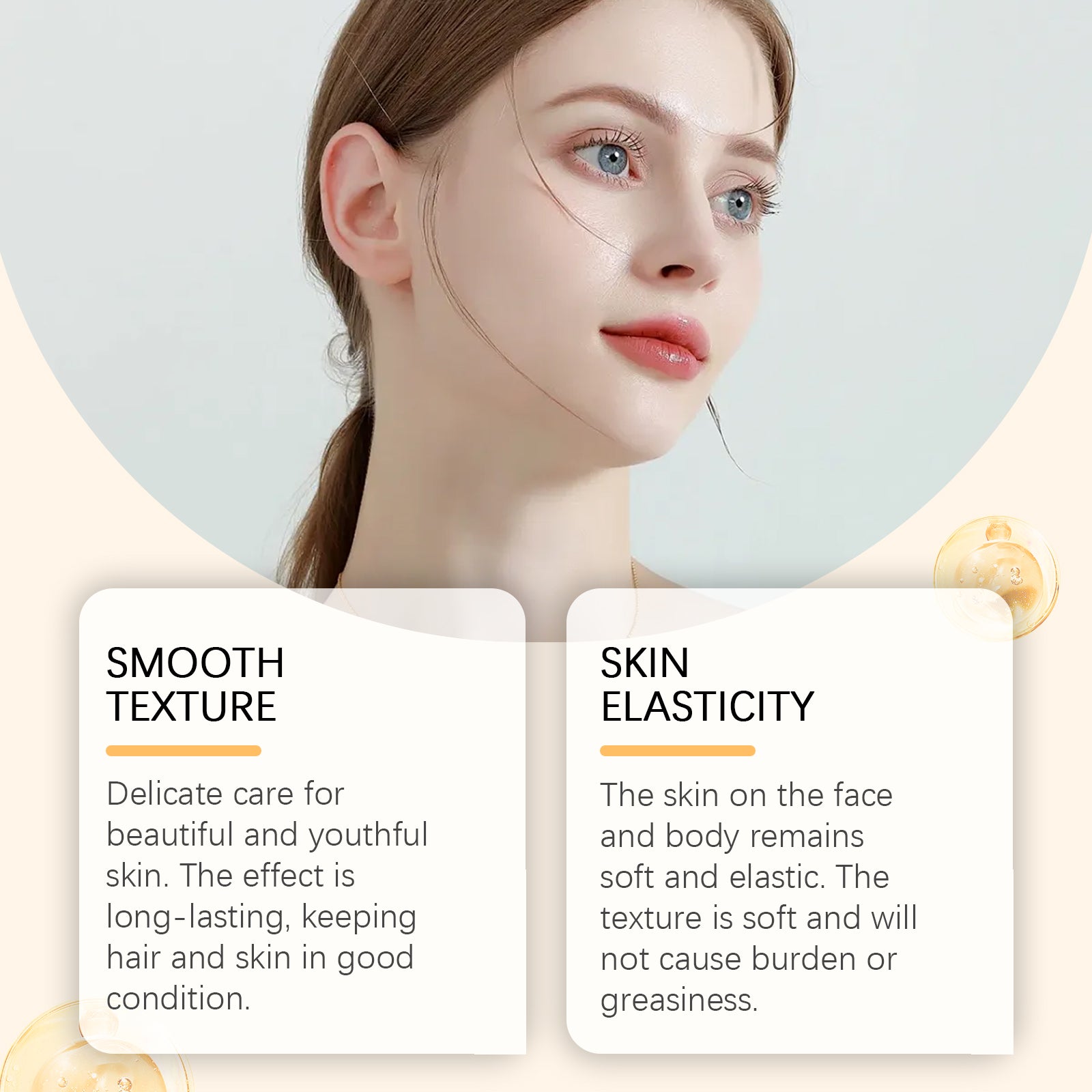 Close-up of woman's face highlighting smooth skin texture and skin elasticity with two benefit callout cards and golden shea icons