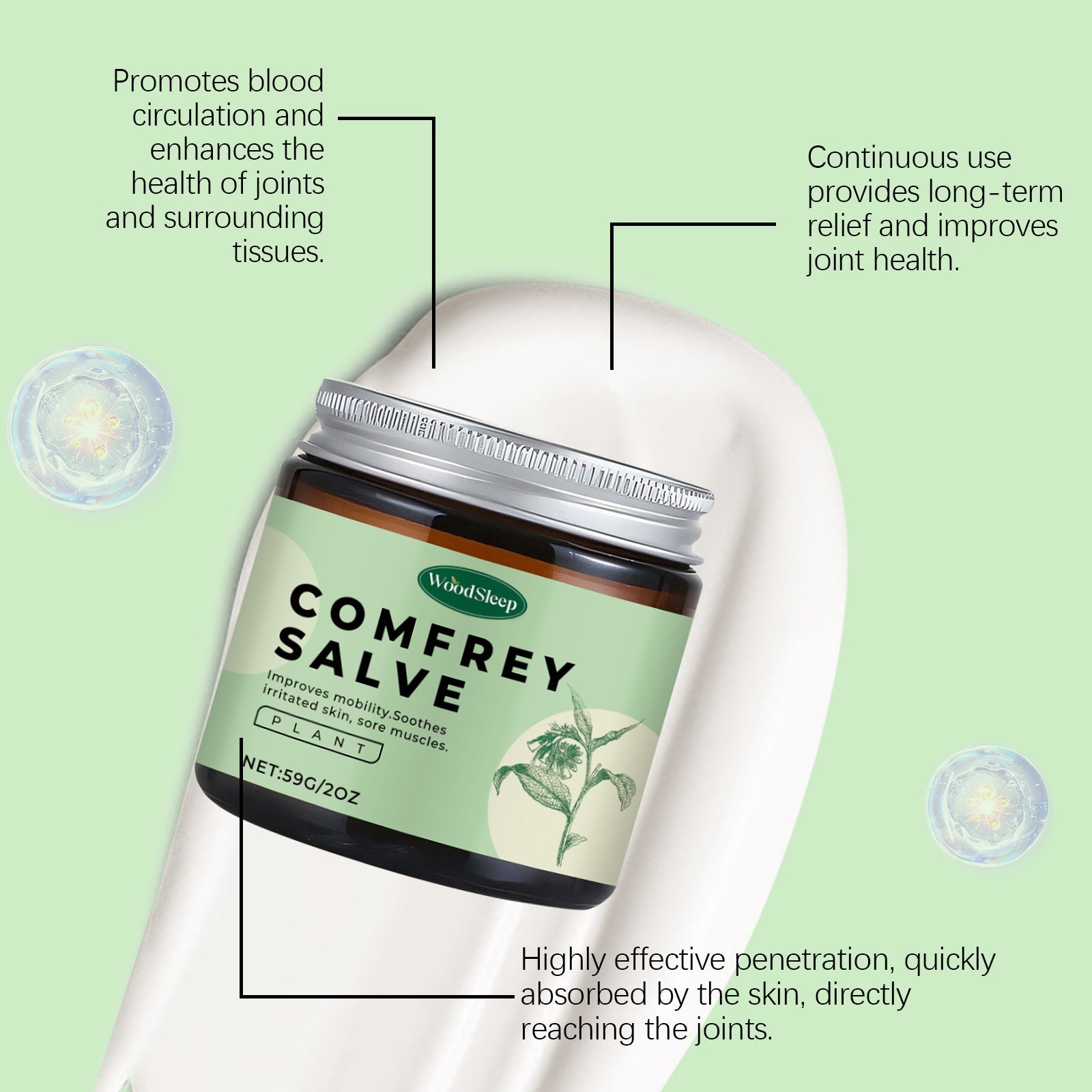 Product jar on textured cream-colored surface with botanical flower imagery and 'Gentle and Non-Irritating' claim text with ingredient details