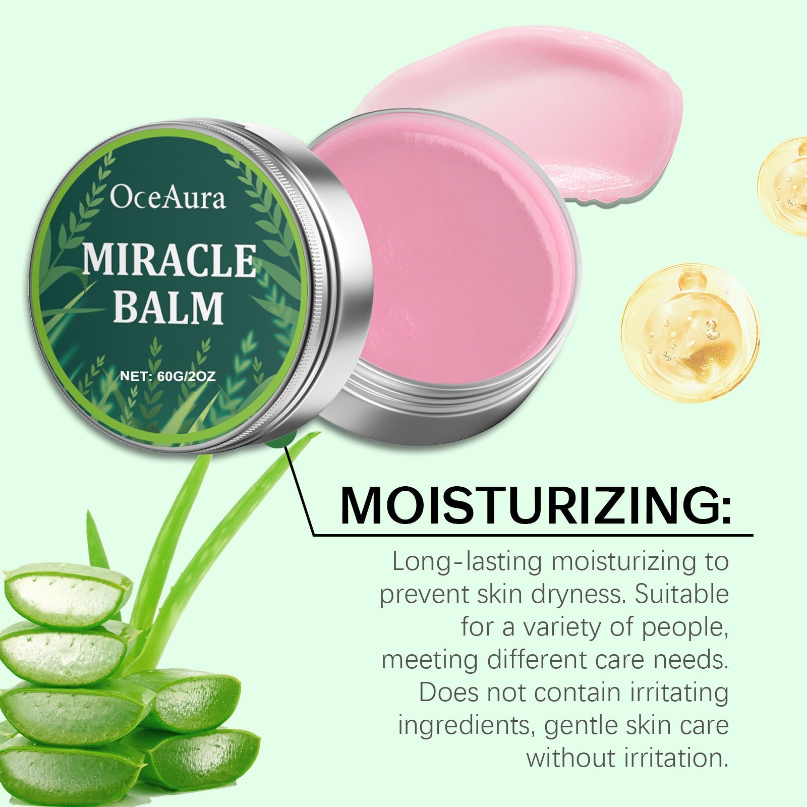 Open jar with pink balm, aloe vera slices, botanical elements, and golden ingredient droplets on pale green background with 'Moisturizing' claim text