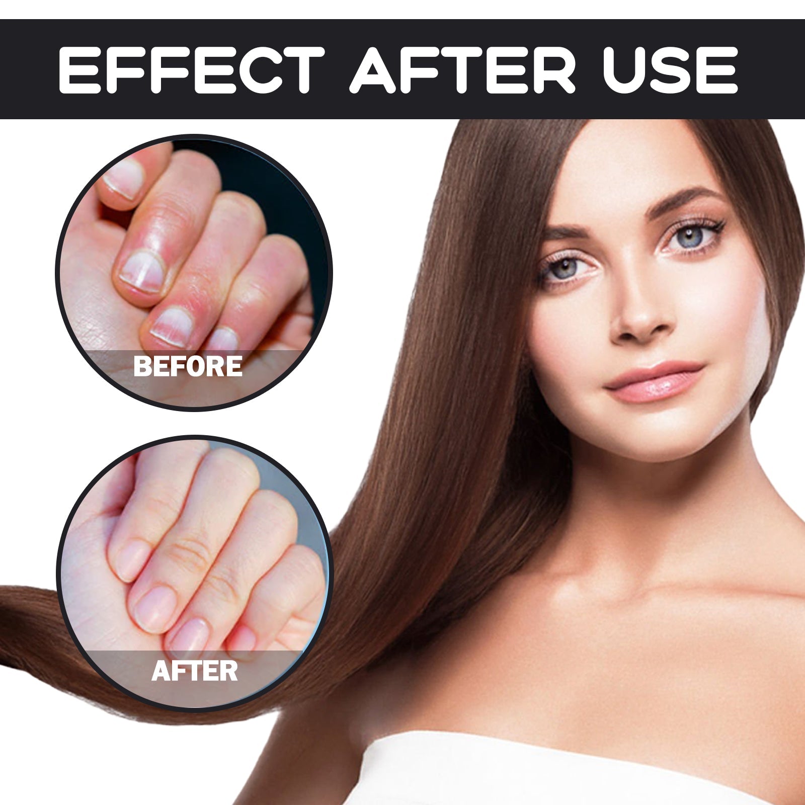 Nail transformation comparison showing before (weak, ridged) and after (strong, smooth, healthy) nails; full body portrait of woman with improved complexion and stronger nails