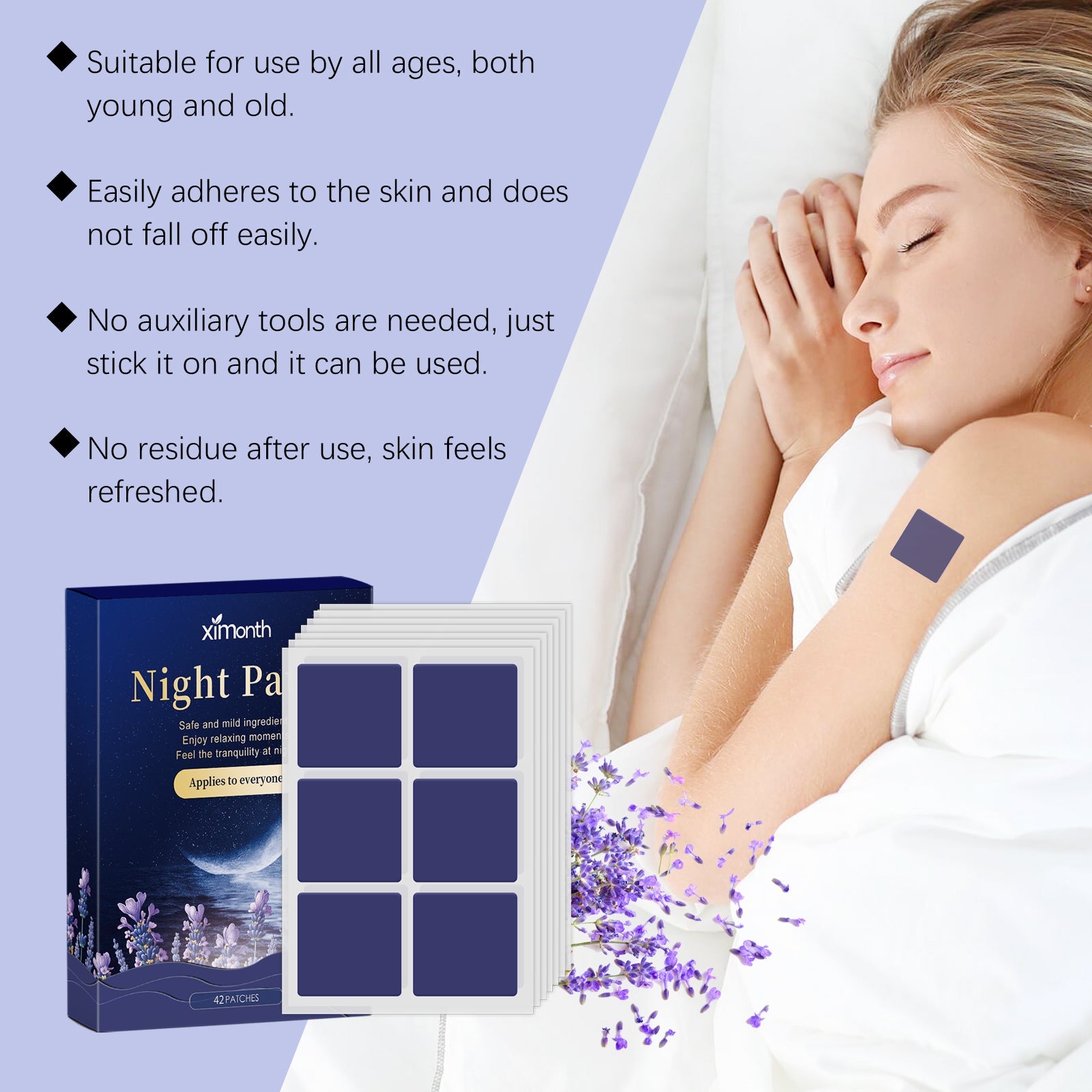 Product with benefit bullets and close-up of patch applied to woman's shoulder; lavender flowers scattered decoratively