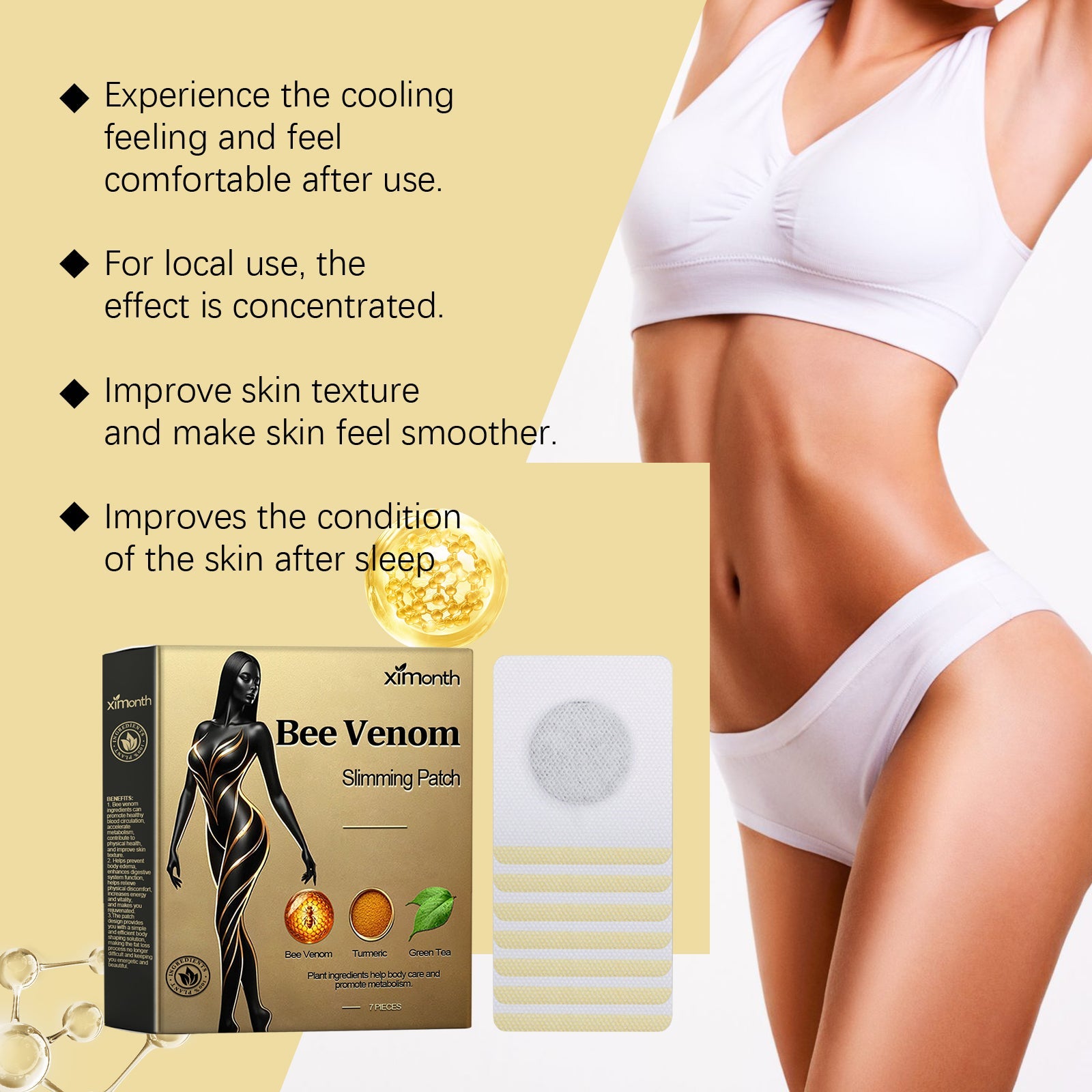 Before and after body comparison showing woman's torso, with clear waist and abdomen tightening; woman measuring waist with measuring tape showing reduction