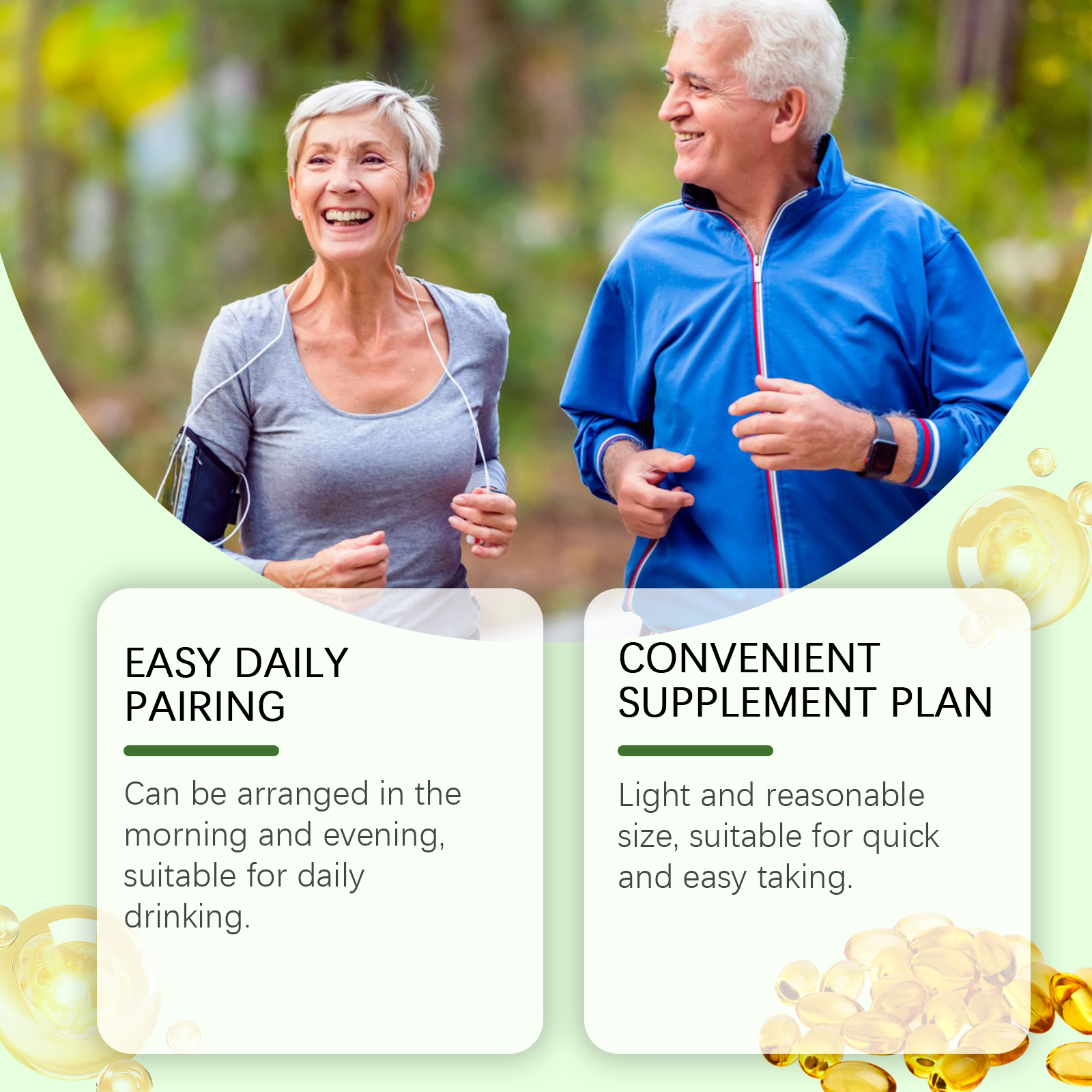 Healthy senior couple jogging together outdoors with text callouts 'Easy Daily Pairing' and 'Convenient Supplement Plan' surrounded by golden softgel capsules