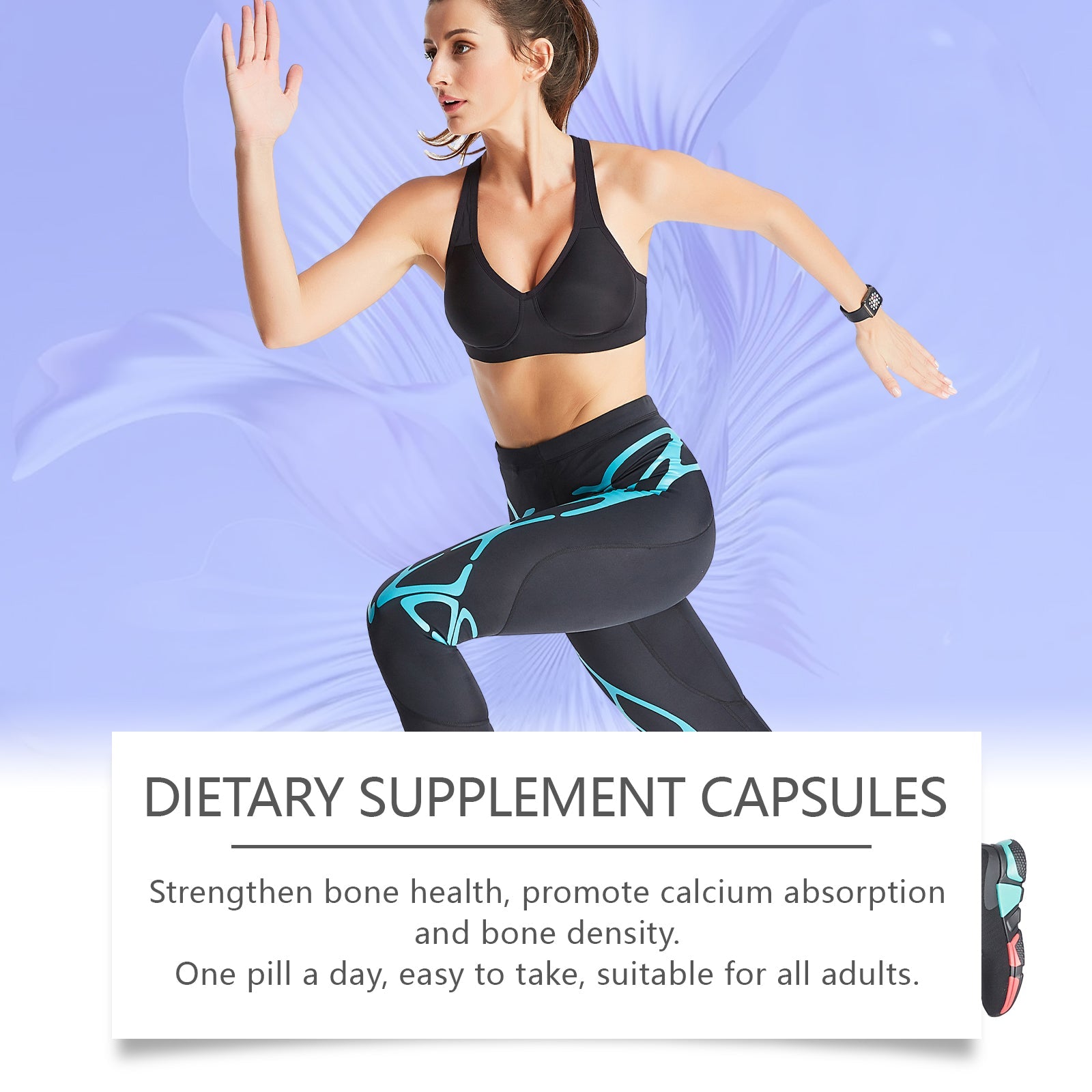 Young fit woman in athletic wear exercising with text 'Dietary Supplement Capsules' and bone health claims