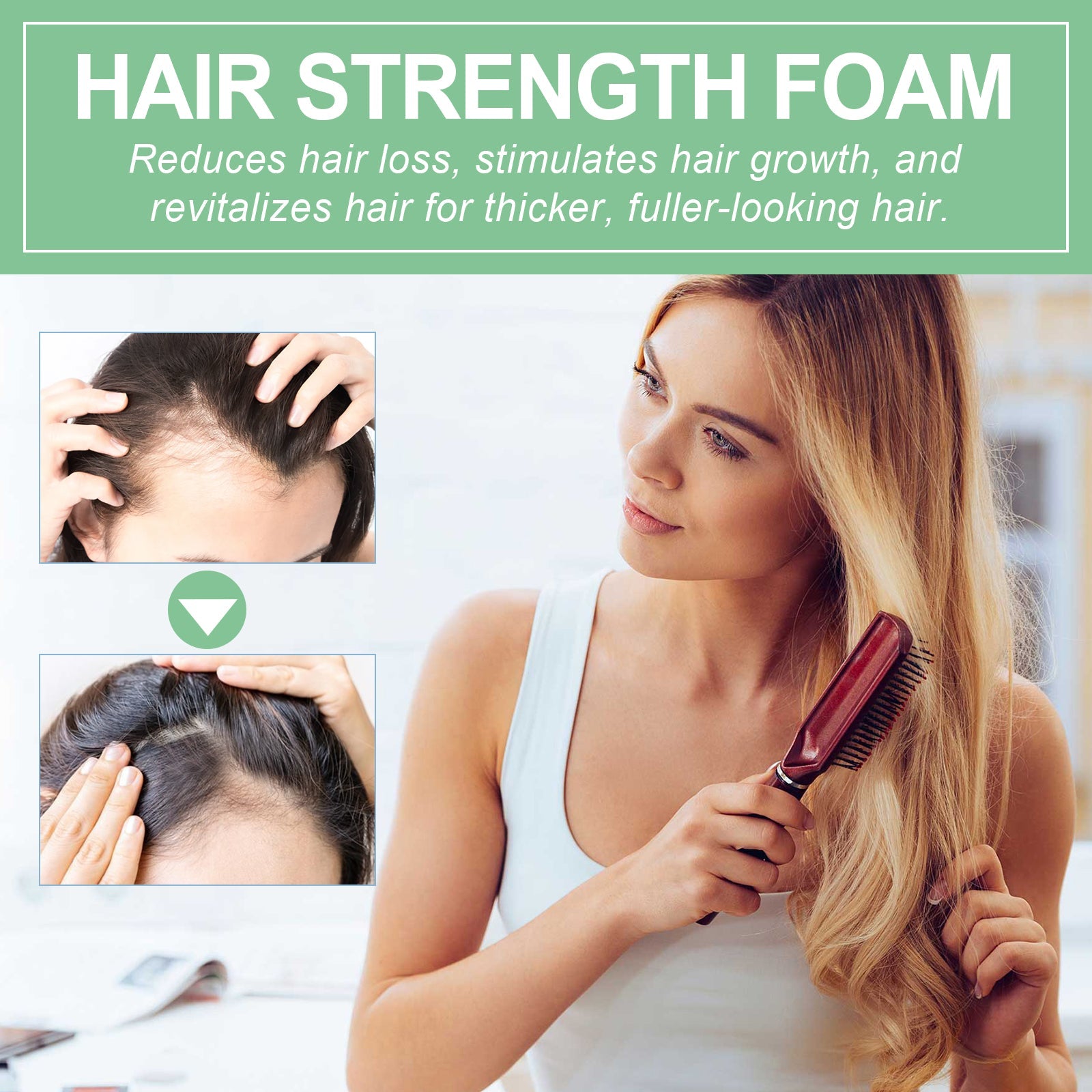 Close-up scalp comparison showing sparse thinning hair transitioning to fuller dense coverage with green arrow indicator