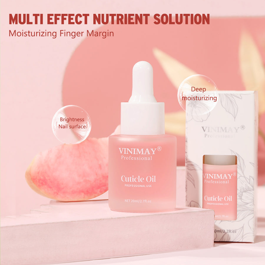 Pink cuticle oil variant displayed with packaging box, annotated with benefits: 'Deep moisturizing' and 'Brightness Nail surface', surrounded by flowers