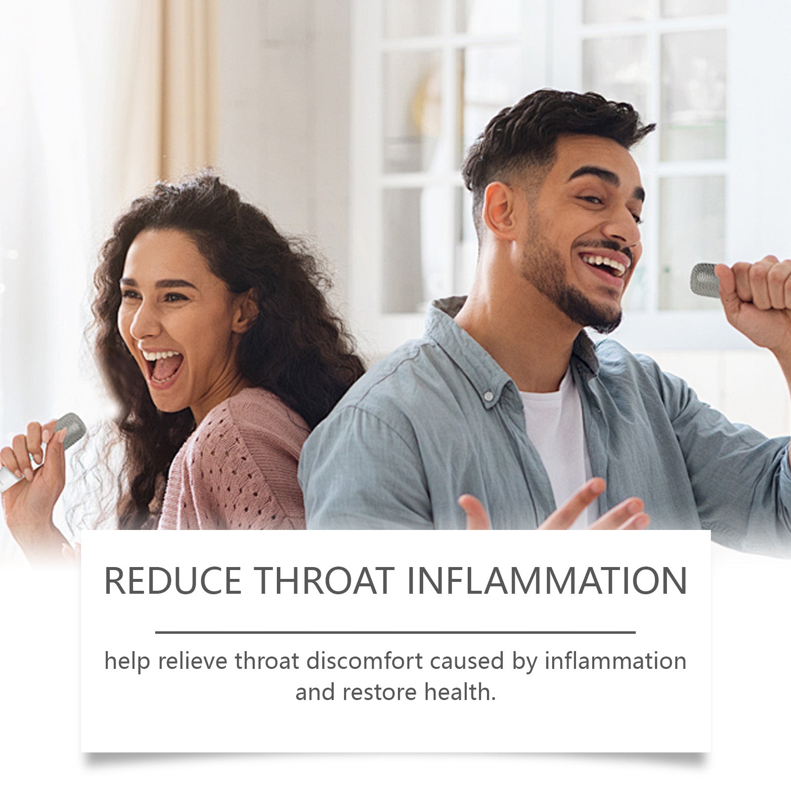 Woman singing into professional microphone with two benefit cards: 'Relieve Throat Discomfort' and 'Promote Vocal Cord Health' with herbal ingredients and botanical imagery