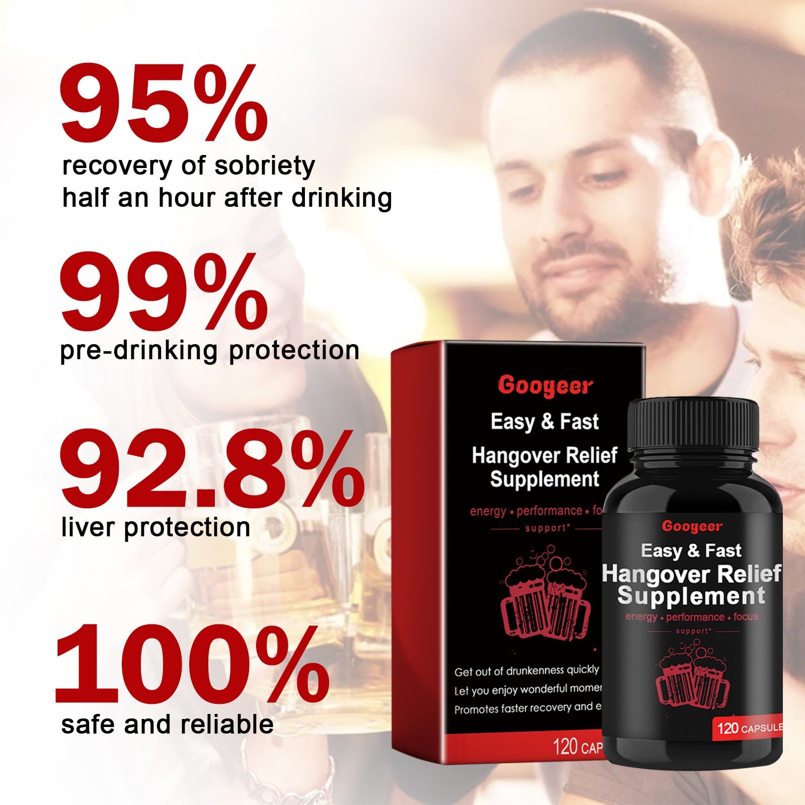 Clinical results display showing 95%, 99%, 92.8%, and 100% effectiveness metrics with lifestyle background imagery