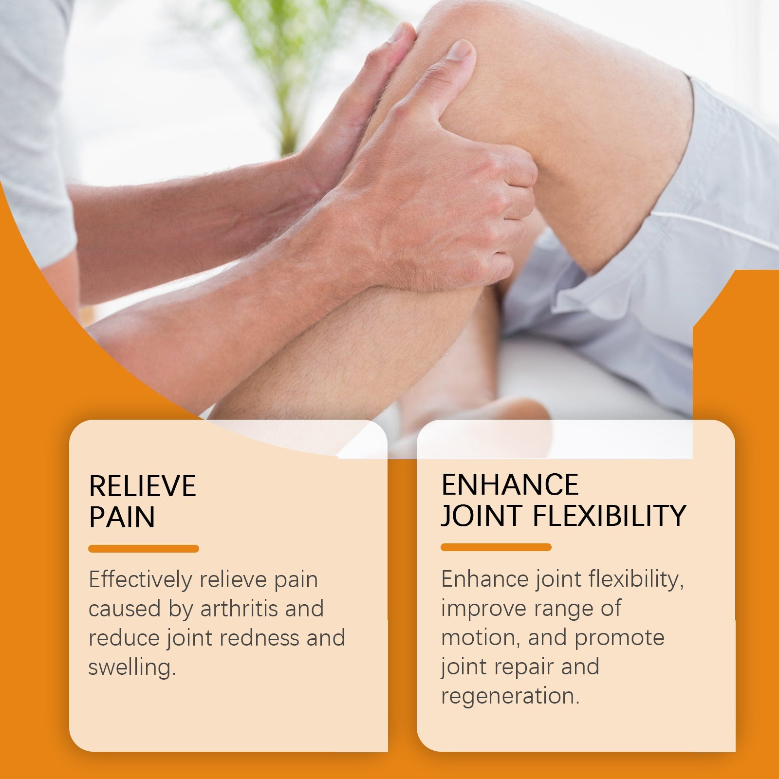Older gentleman applying joint essence to knee at home with orange banner stating 'Improve Joints' and functional benefit text