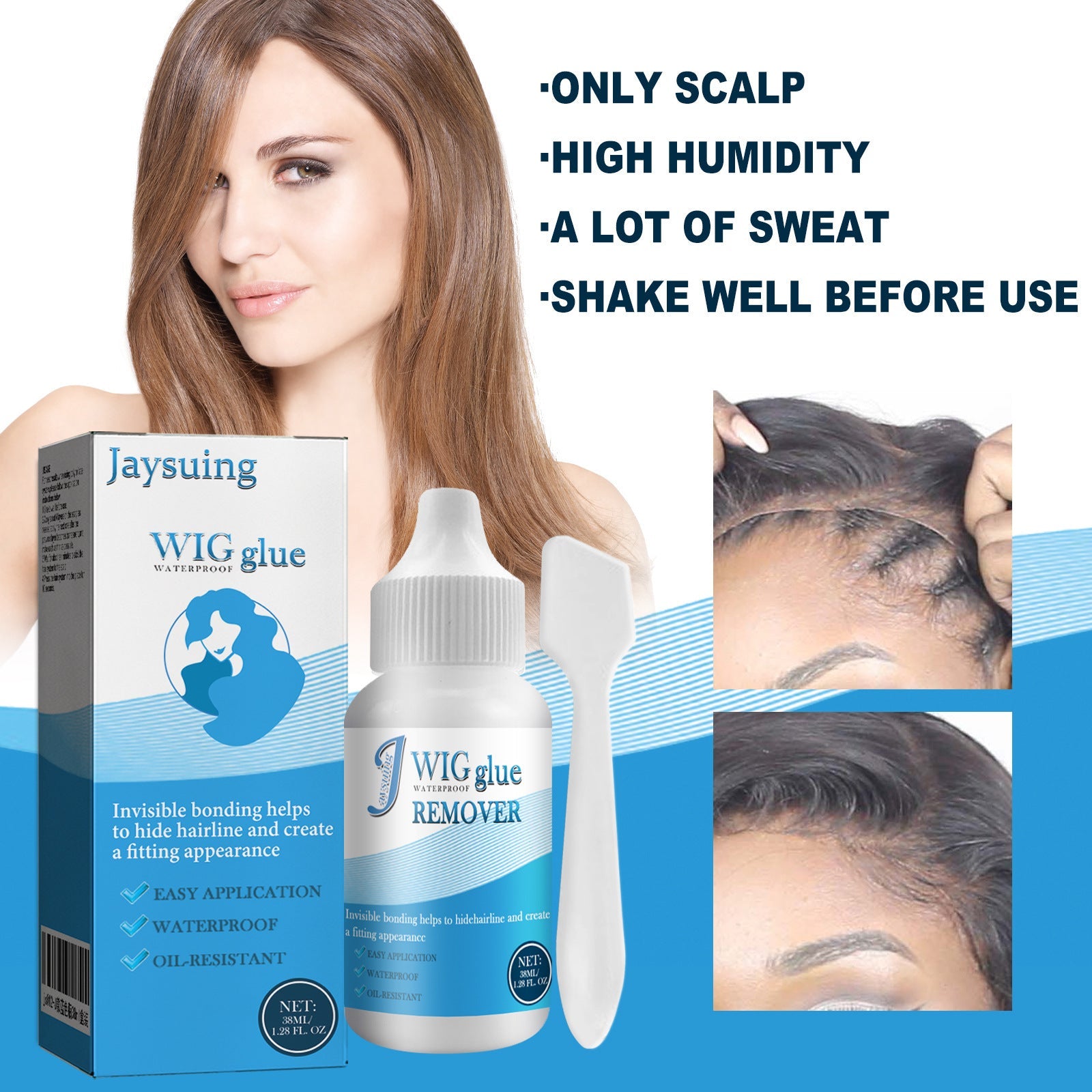 Side-profile before/after demonstration showing visible scalp gap before application and seamless hairline blending after glue application on a woman with auburn waves
