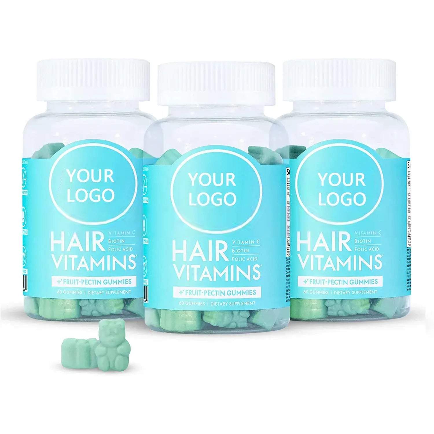 Single bottle on turquoise background with scattered gummies, certification badges for 'All Hair Types', 'Vegan Certified', '2 Bears a Day', and 'Cruelty Free'