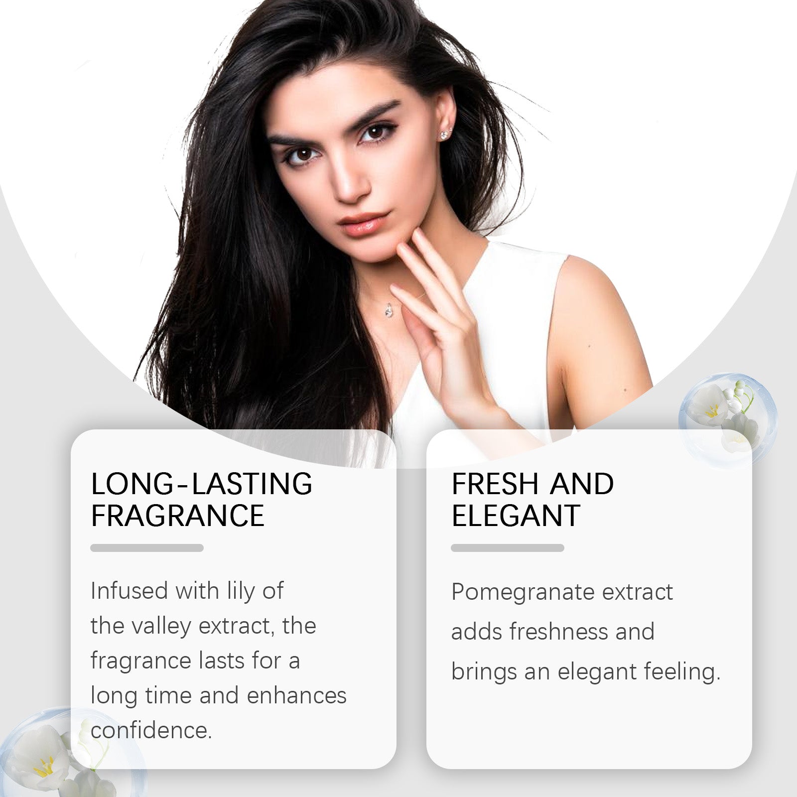 Woman with floral bellflower imagery and text describing long-lasting fragrance with lily of the valley and pomegranate extract