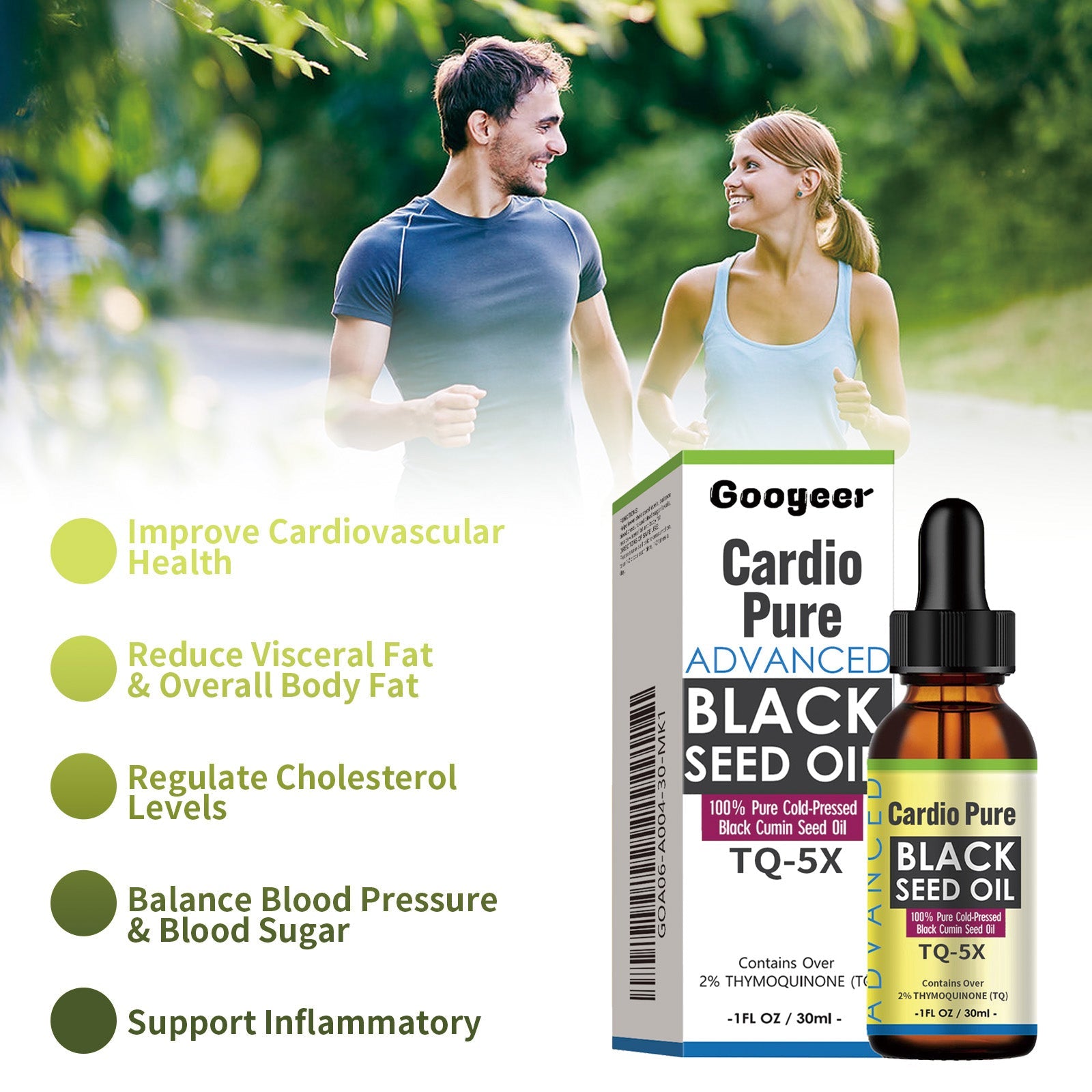 Active couple jogging outdoors with product box visible; left side lists five health benefits in green text with circular bullet points