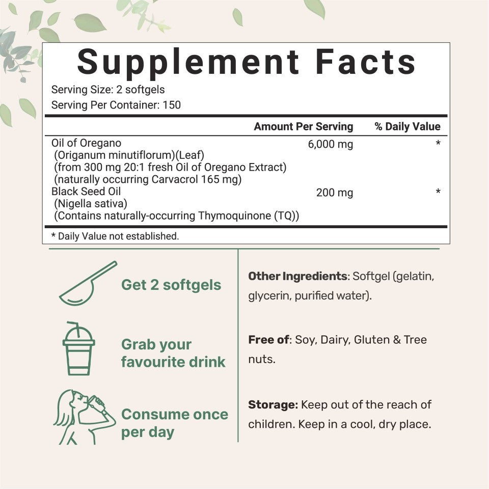 Supplement Facts label with detailed serving info (2 softgels per serving, 6,000 mg Oil of Oregano, 200 mg Black Seed Oil), usage instructions, and allergen claims