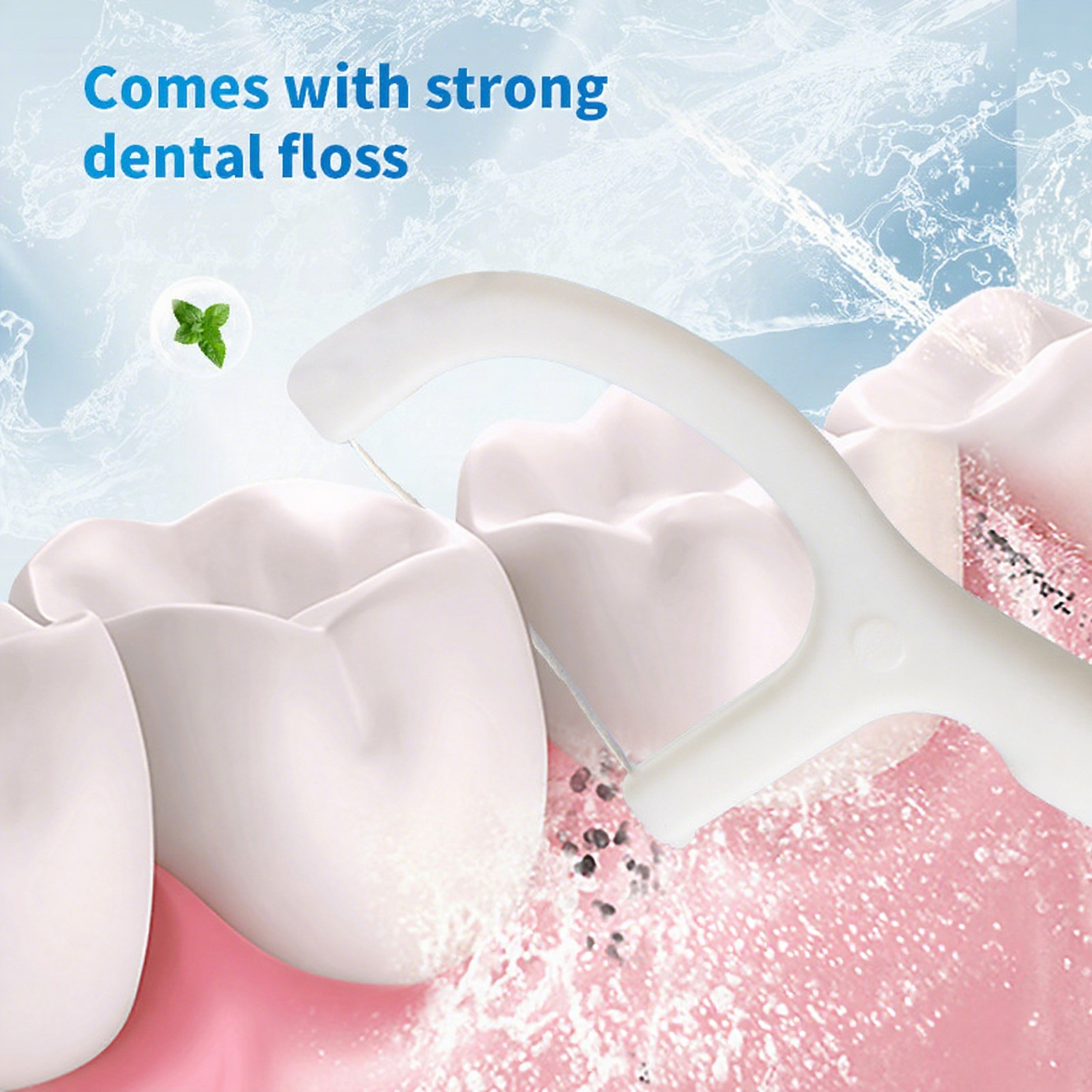 Dental floss strand connecting between teeth models with mint leaf accent, headline 'Comes with strong dental floss'