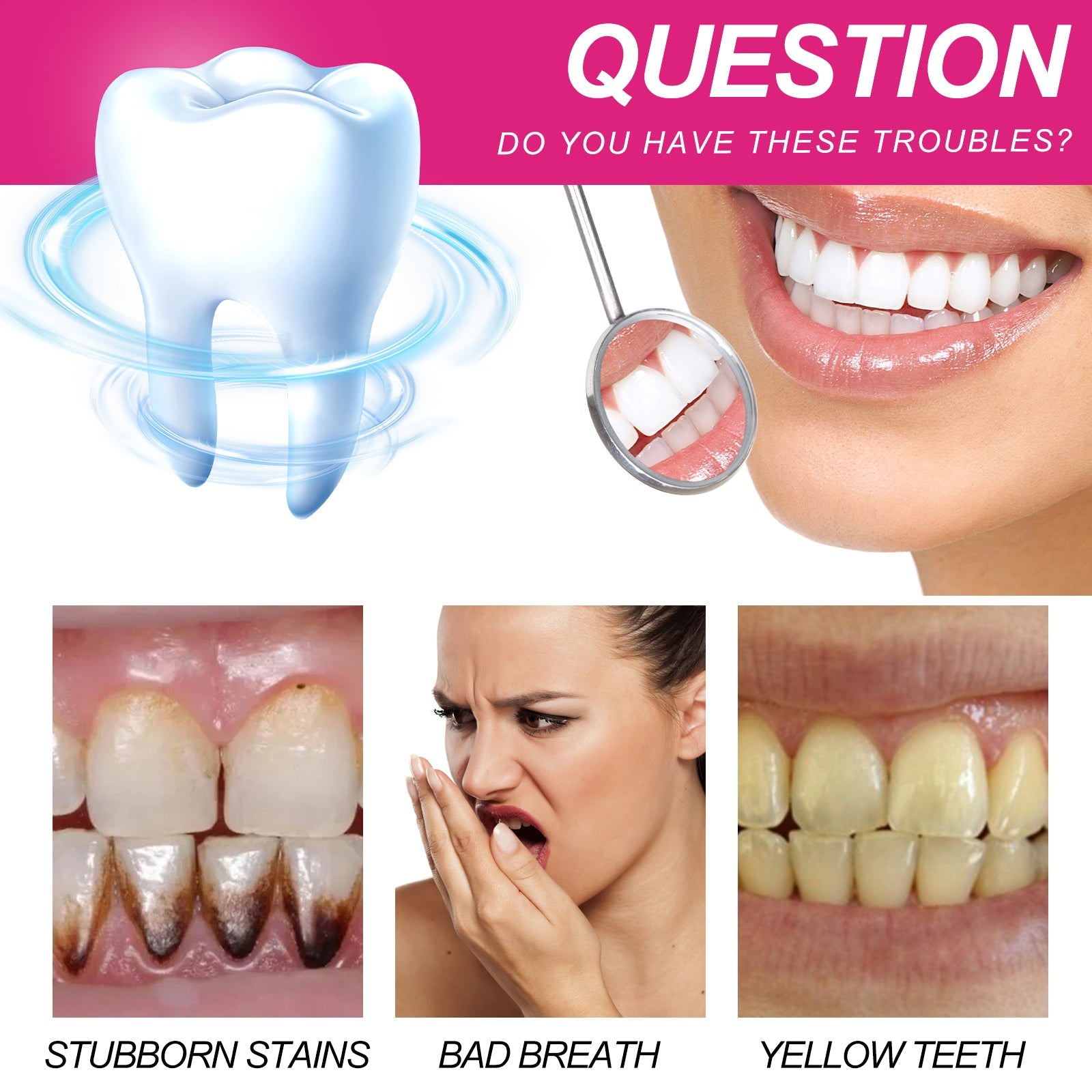 Clinical before/after comparison showing yellow stained teeth transforming to bright white teeth, plus lifestyle image of woman with radiant white smile