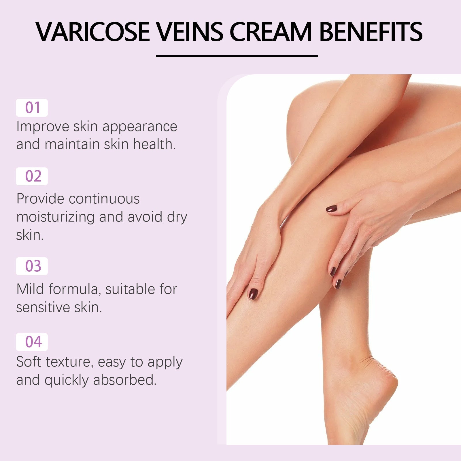 Woman applying cream to leg with visible application and absorption, paired with product packaging on purple curved background
