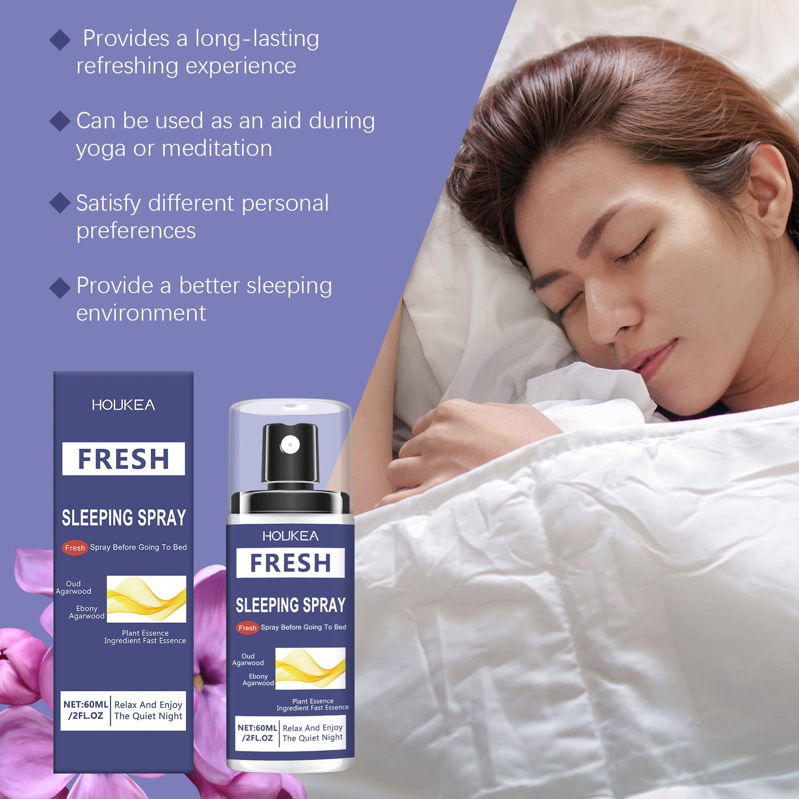 Woman with curly hair peacefully sleeping on white pillow and bedding, text overlay reads 'HIGH-EFFICIENCY FORMULA—selected ingredients to improve the effect of use'