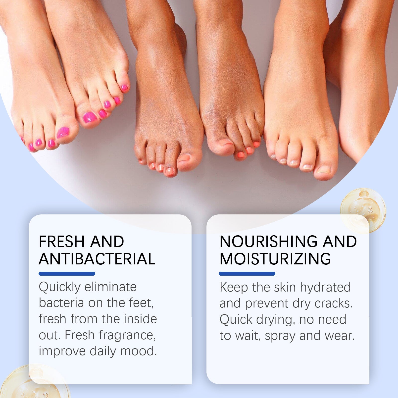 Multiple feet with different nail colors and skin tones on light background