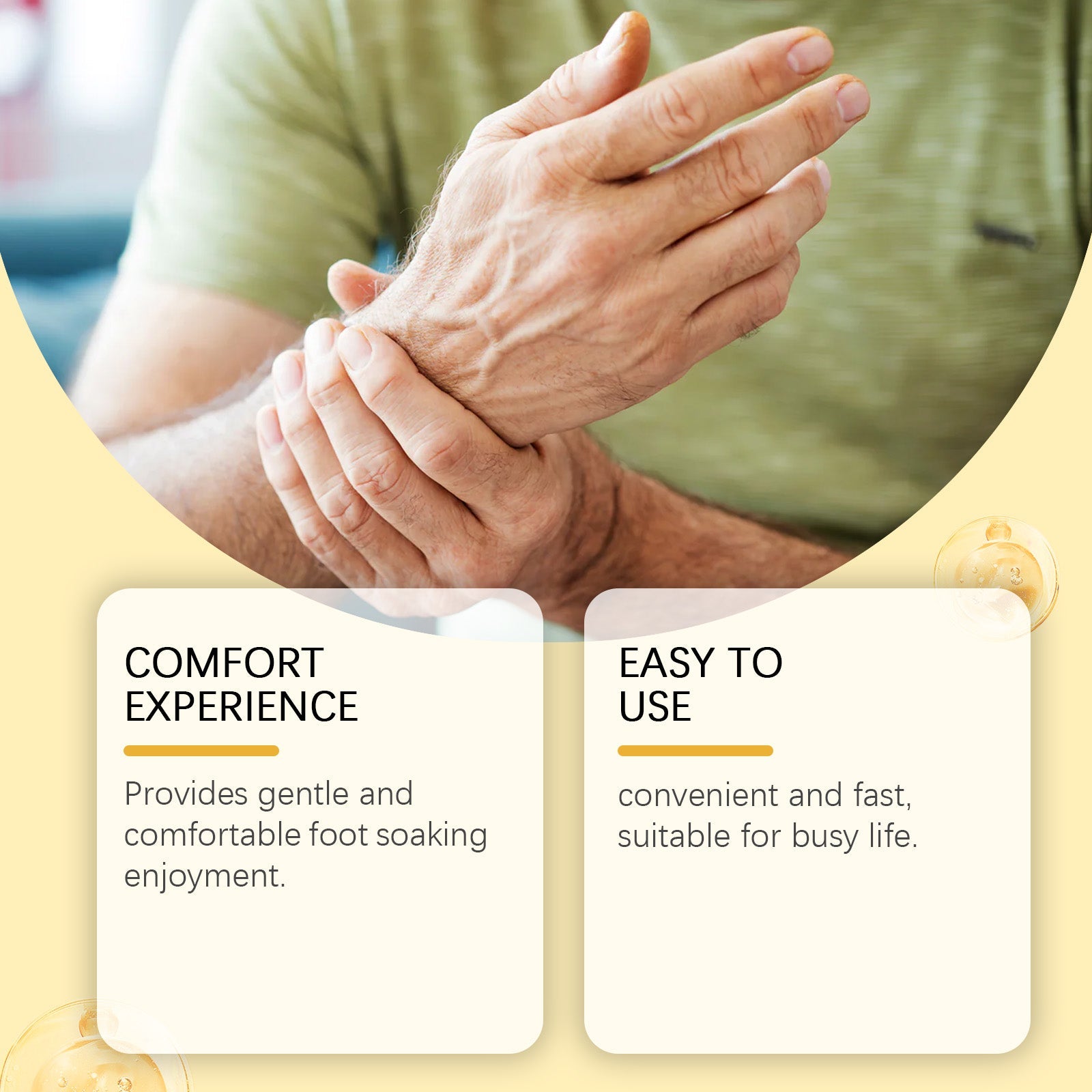 Benefits infographic on yellow background with four numbered claims and person feet in wooden foot bath