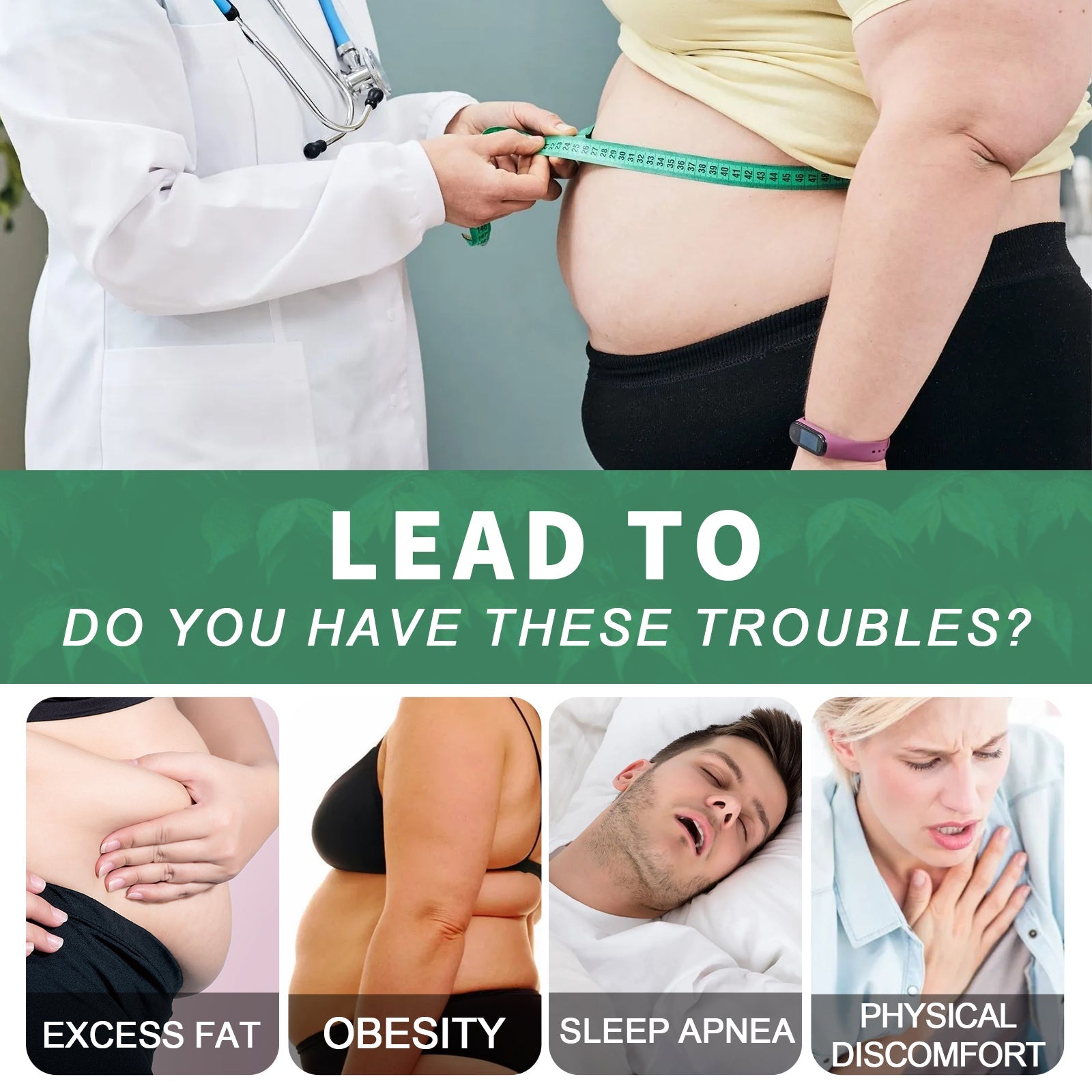 Before/after lifestyle imagery showing woman measuring waist circumference with tape measure, comparing body composition
