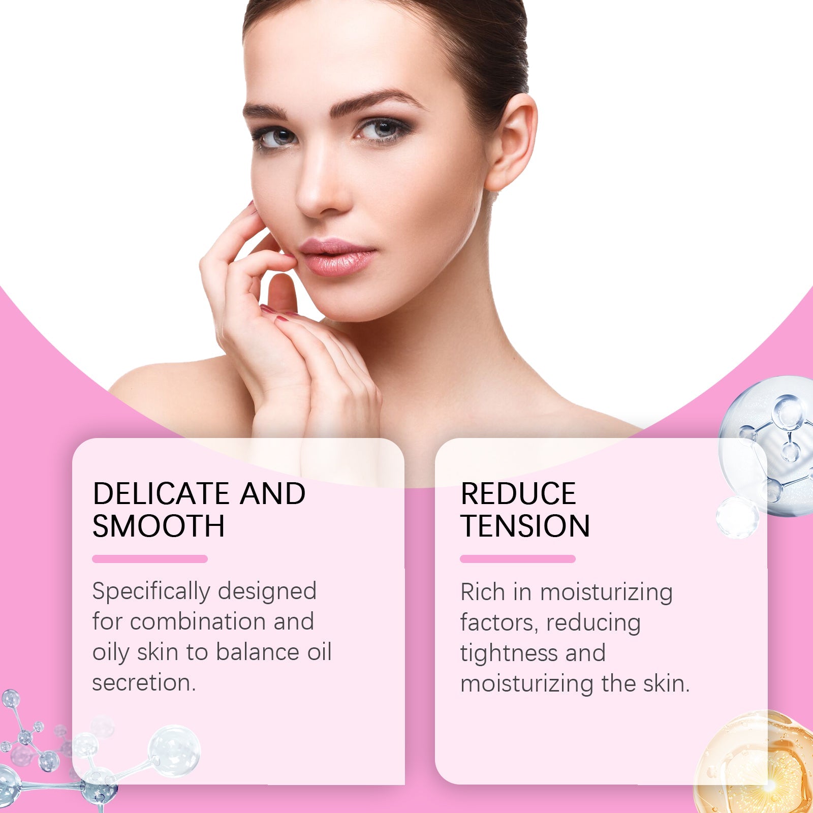 Product bottle against water texture background with three key benefit callouts: Deep Cleansing, Moisturizing and Protecting, Refreshing and Oil-Controlling