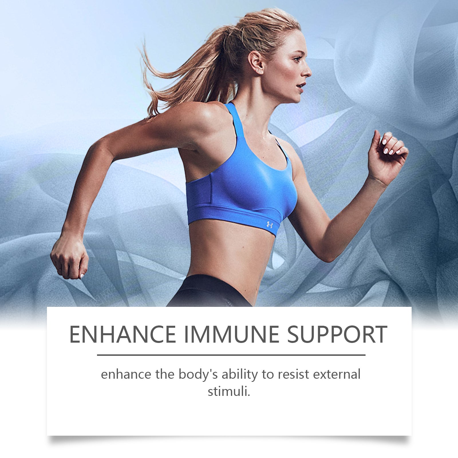 Woman running in blue sports bra with text 'Enhance Immune Support' and wellness messaging