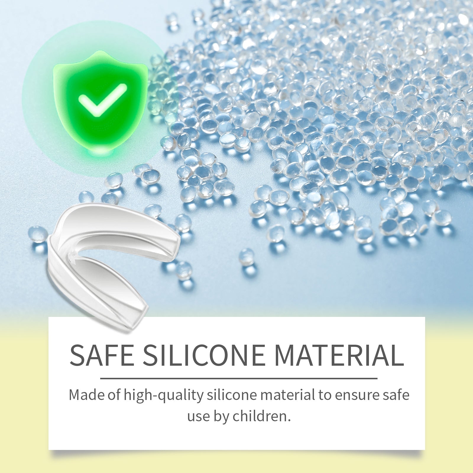 Safe silicone material badge with protective shield and gel beads; high-quality silicone emphasized